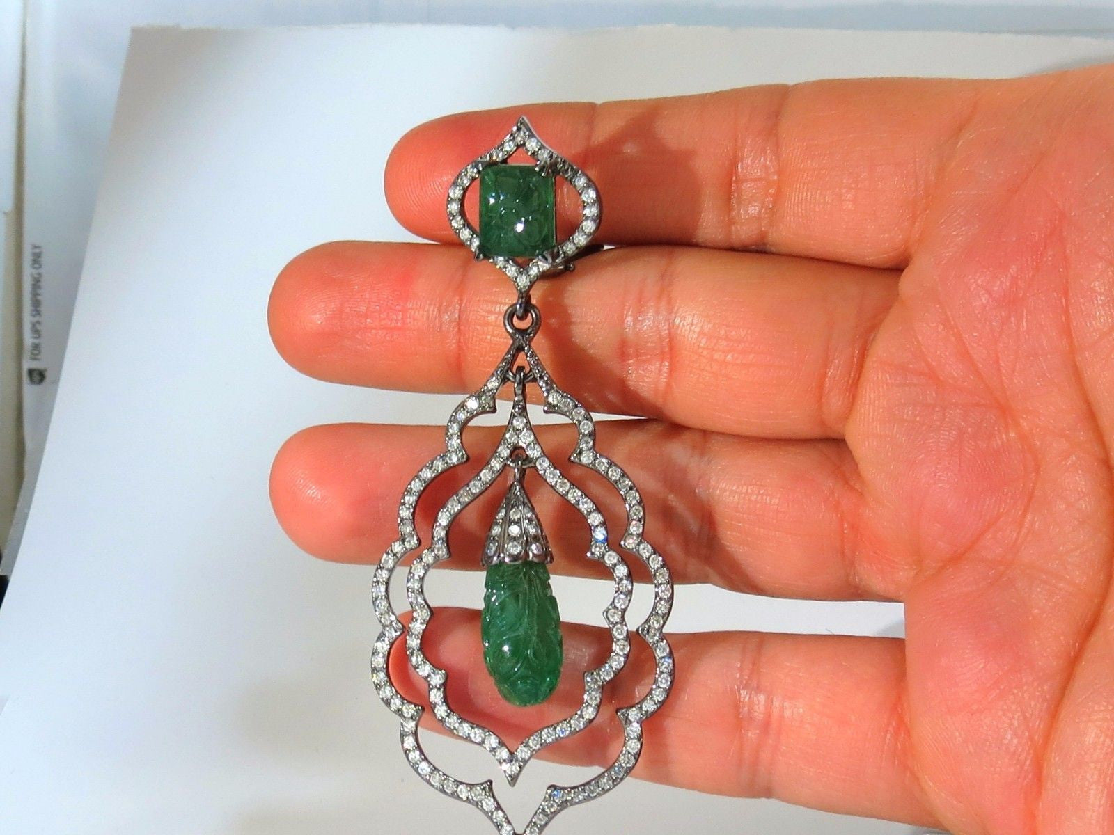 29.50ct Natural Carved Emerald and Diamond Dangling Earrings - Large Size for Women | Elegant Statement Jewelry for Parties, Weddings & Special Occasions