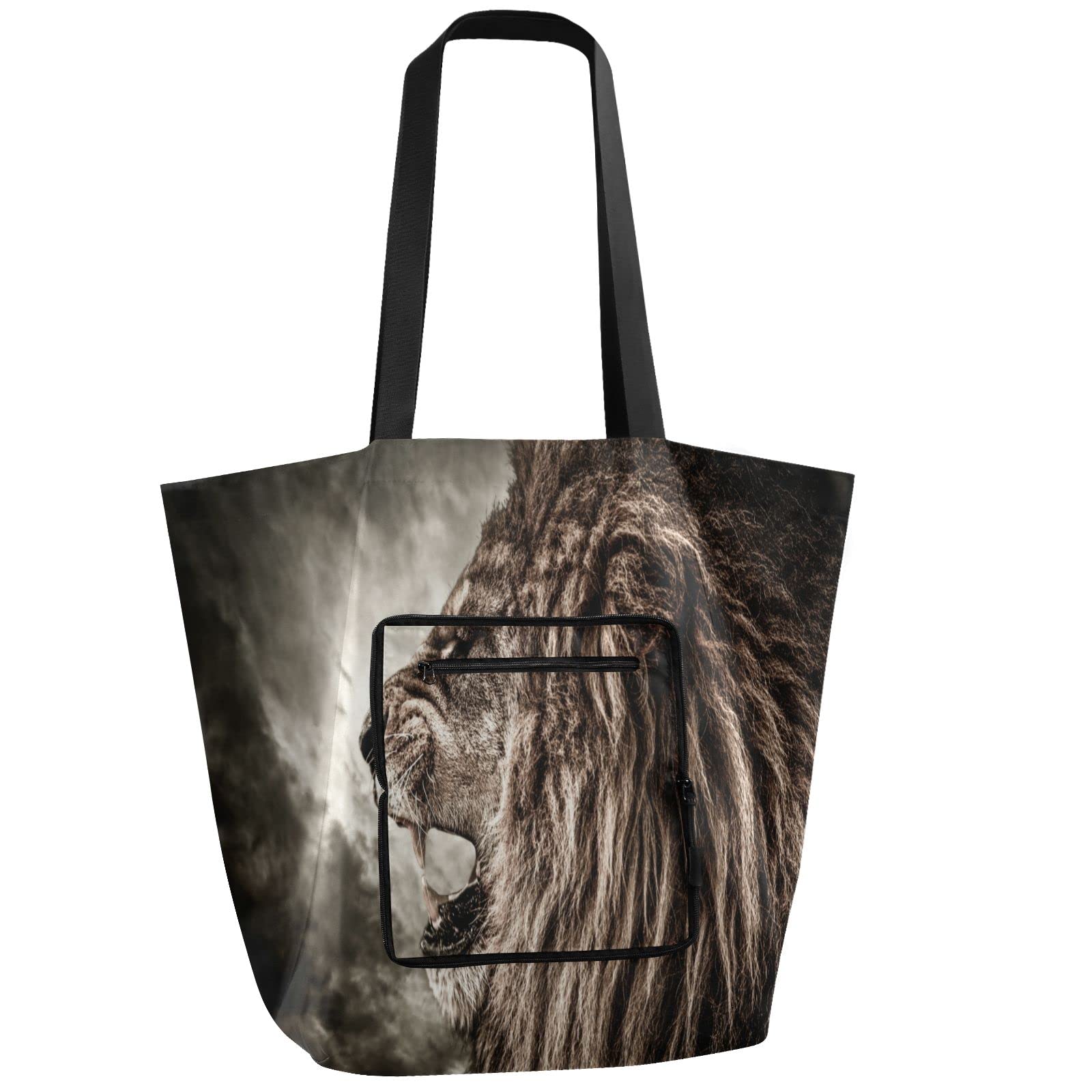 **Foldable Reusable Grocery Bags - Heavy Duty Polyester Tote with Roaring Lion Stormy Sky Print, Eco-Friendly Shopping & Storage Bags with Handles - Perfect for Groceries, Travel, and Beach Trips**