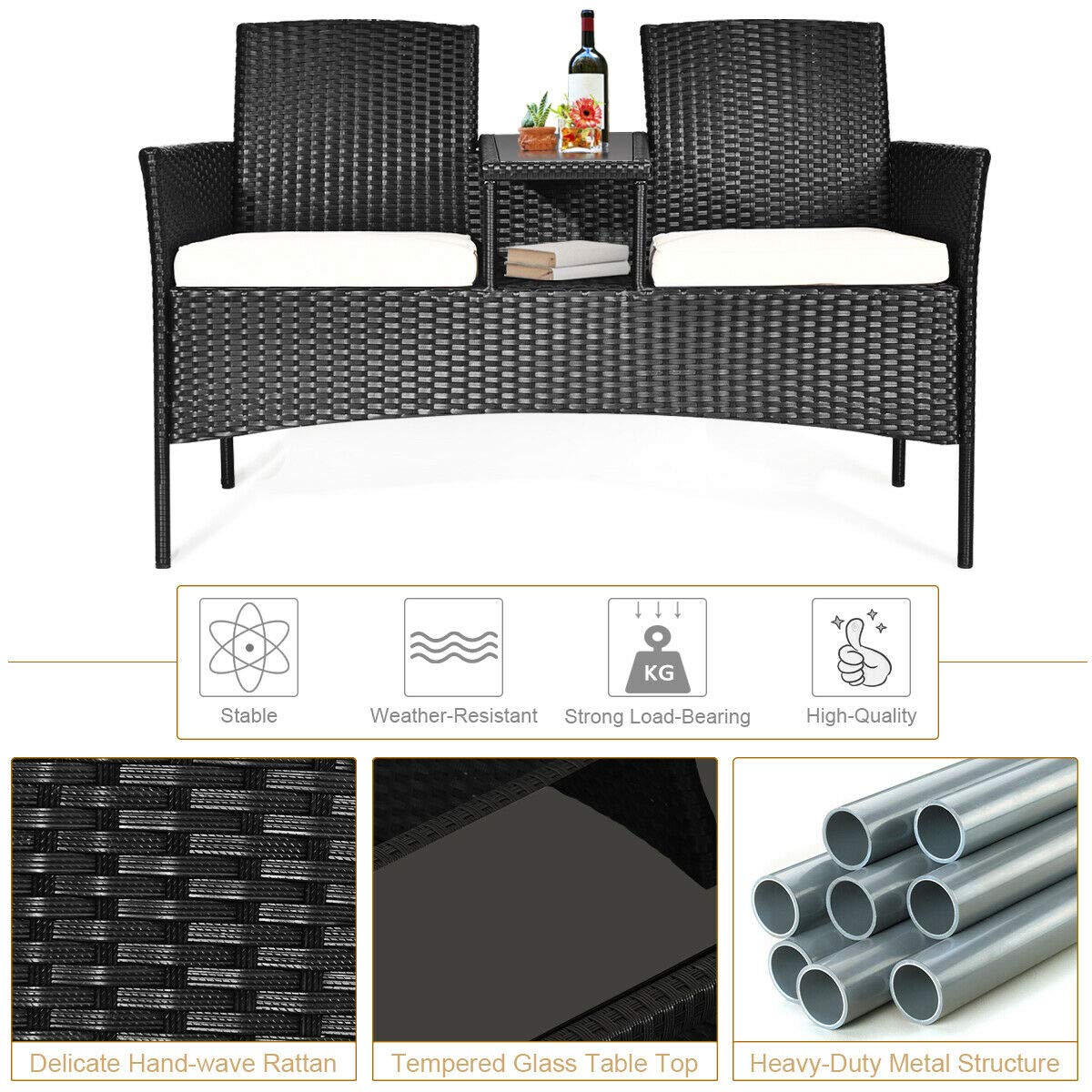 RELAX4LIFE Outdoor Rattan Wicker Conversation Set with Coffee Table & 2 Removable Cushion Chairs - Patio, Garden, Balcony Furniture for Relaxing - Loveseat in Black & Beige - Perfect for Backyard, Porch or Poolside Lounging