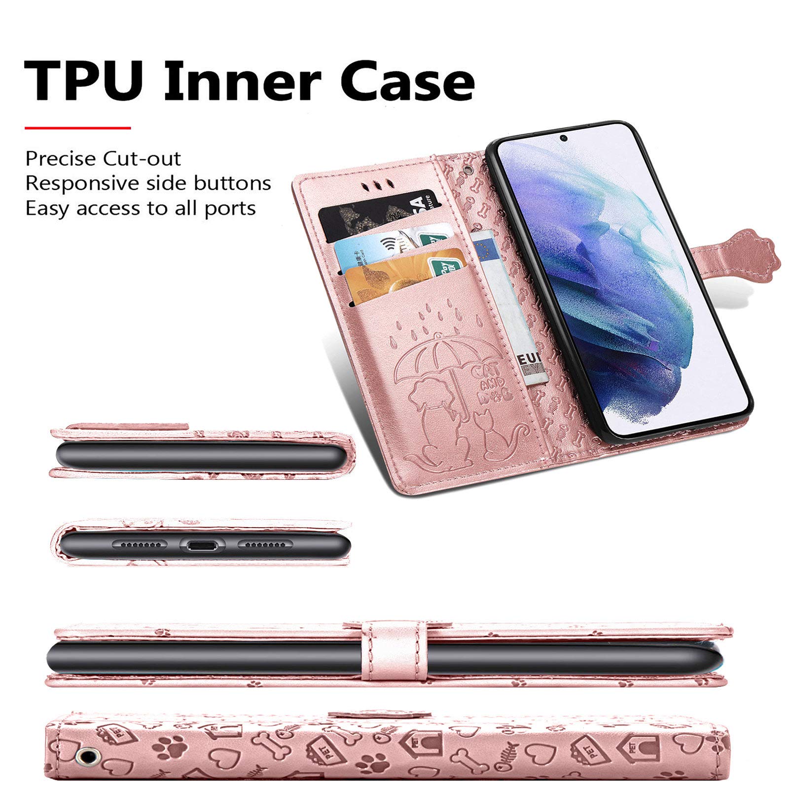 Cute Cartoon Wallet Case for Samsung Galaxy S22 - Cat & Dog Style Flip Cover with ID Card Holder, PU Leather Phone Case (Rose Gold) - Perfect for Daily Use, Travel & Work