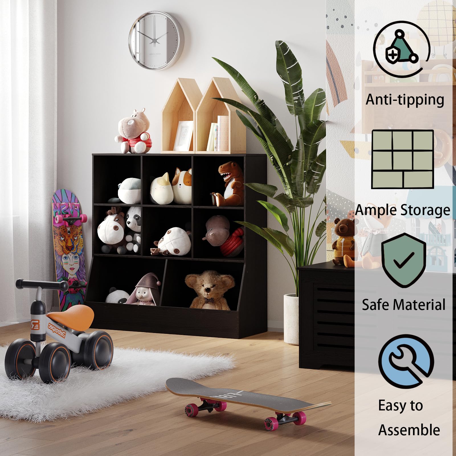 DINZI LVJ 8-Cubby Kids Wooden Toy Storage Organizer & Bookshelf - Espresso Wood Storage Cabinet for Playroom, Bedroom, Nursery - 35.4