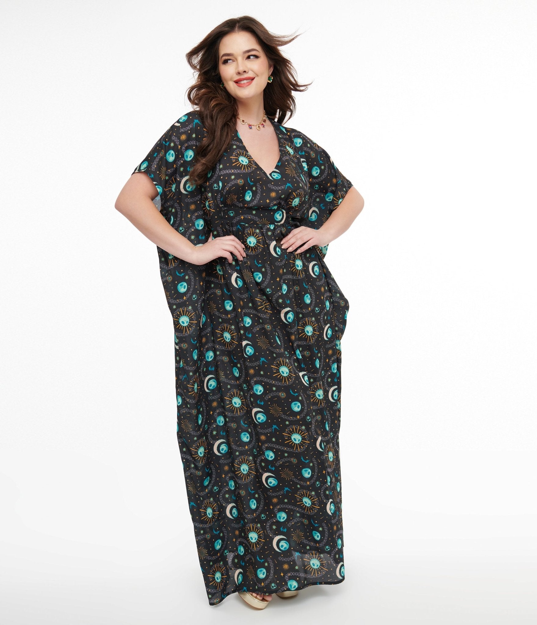 Unique Vintage Black Celestial Nightmare Before Christmas Caftan Dress | Tim Burton Inspired Halloween & Christmas Costume | Perfect for Cosplay, Themed Parties, and Holiday Celebrations
