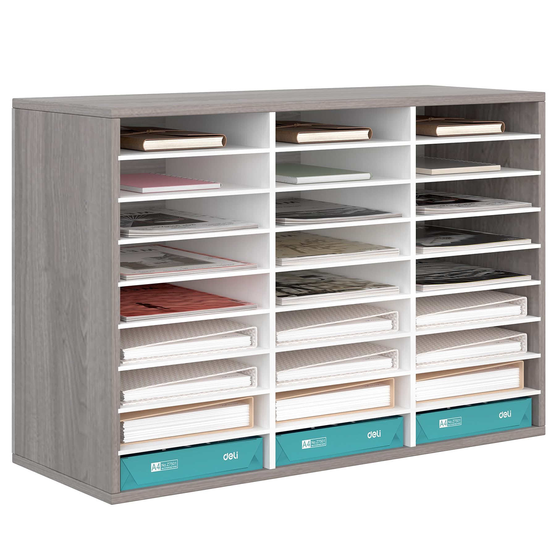 TQVAI 27-Slot Wooden Mail Sorter Organizer for Home & Office - Retro Grey/White Desktop File Holder, Paper & Literature Organizer - Perfect for Classroom Mailboxes, Office Desks & Home Organization