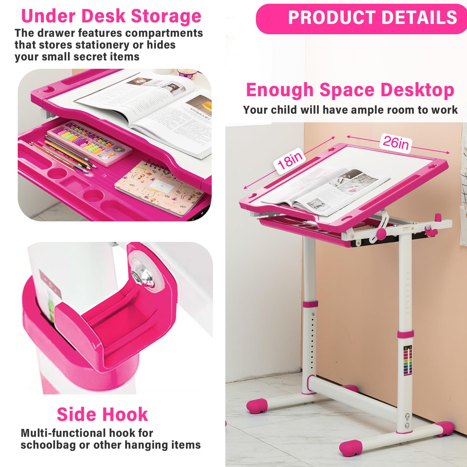 Adjustable Kids Desk and Chair Set - Ergonomic Children's Study Table with Storage Drawer, Tilt Desktop & Metal Hook - Multi-Functional Learning Desk for School & Homework (Pink) - Perfect for Homeschooling, Online Classes & Bedroom Study Space