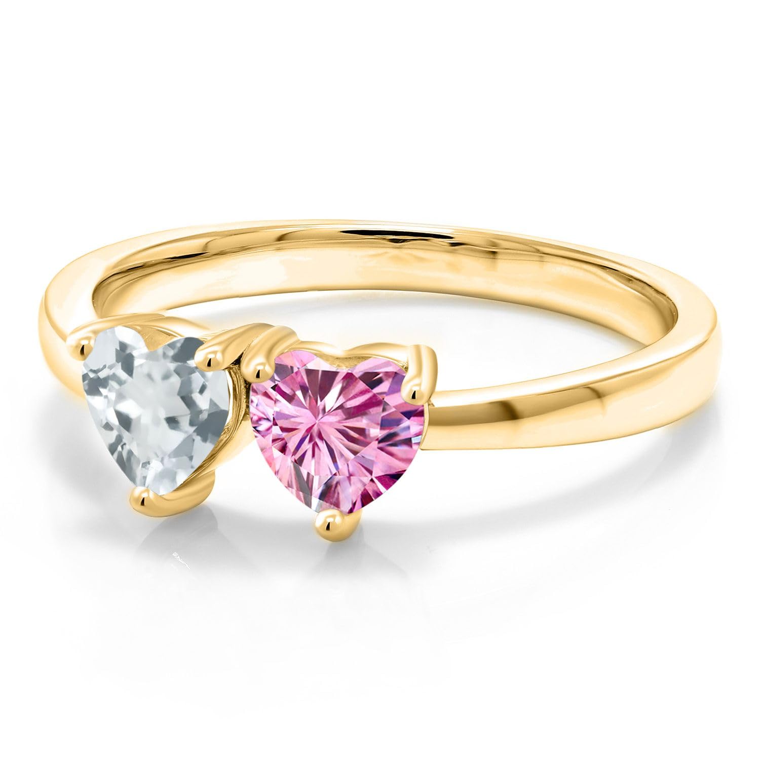 Gem Stone King 18K Yellow Gold Plated Silver Heart Shaped Ring with Sky Blue Aquamarine & Pink Moissanite (0.92 CTTW) - Perfect for Valentine's Day Gifts, Anniversary Presents & Romantic Occasions