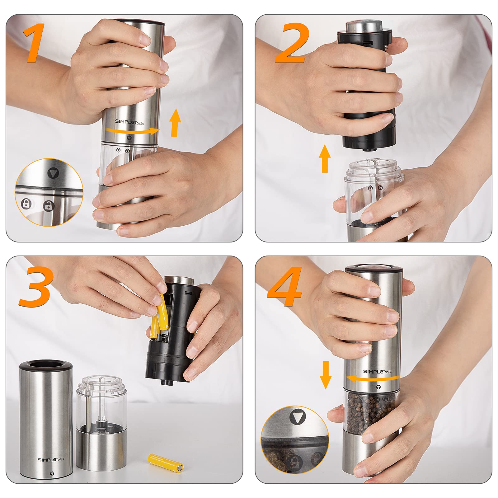 SIMPLETASTE Electric Salt and Pepper Grinder Set - Automatic One-Handed Operation, LED Light & Adjustable Coarseness, Battery-Powered Stainless Steel Mill - Perfect for Kitchen, Dining Table & Outdoor Cooking
