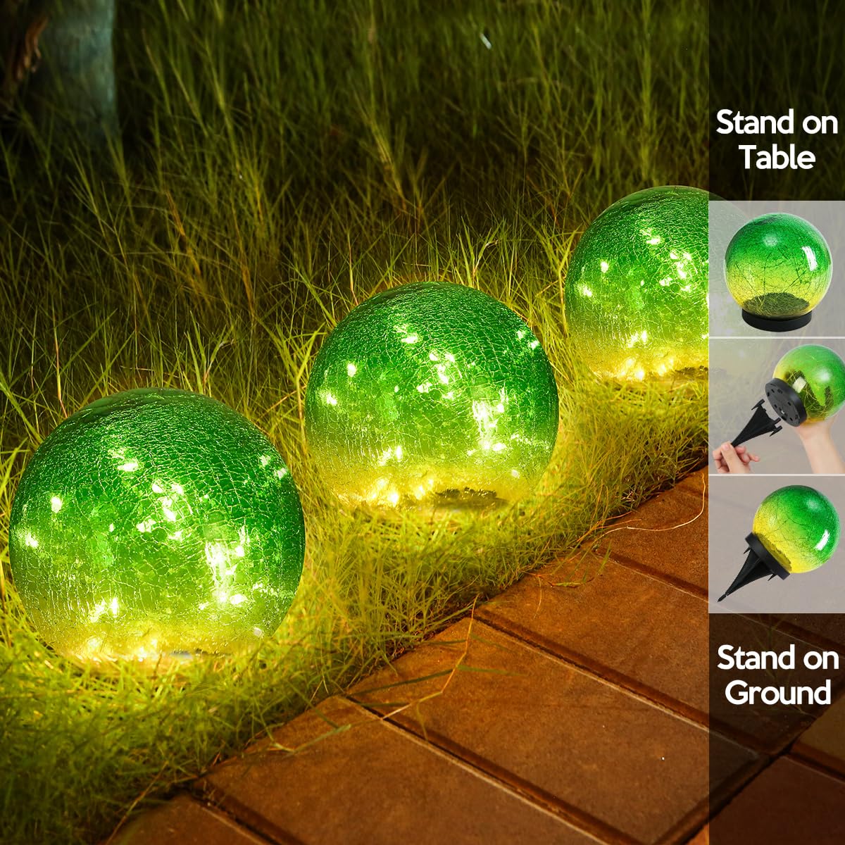 Outdoor Waterproof IP65 Solar Globe Lights - LED Solar Light Balls for Lawn, Garden, Patio & Table Decor - Cracked Glass Sphere Gazing Ball for Yard Landscape Lighting - Perfect for Outdoor Parties, Weddings & Nighttime Garden Ambiance