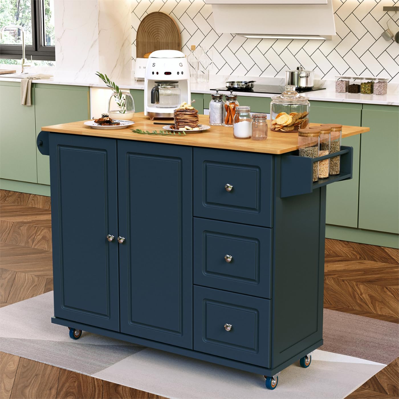 MFSTUDIO Large Rolling Kitchen Island on Wheels with Drop Leaf, 3 Drawers & Wood Countertop - Mobile Kitchen Cart with Storage for Small Spaces, Navy Blue - Perfect for Kitchen, Dining Room & Apartment Cooking