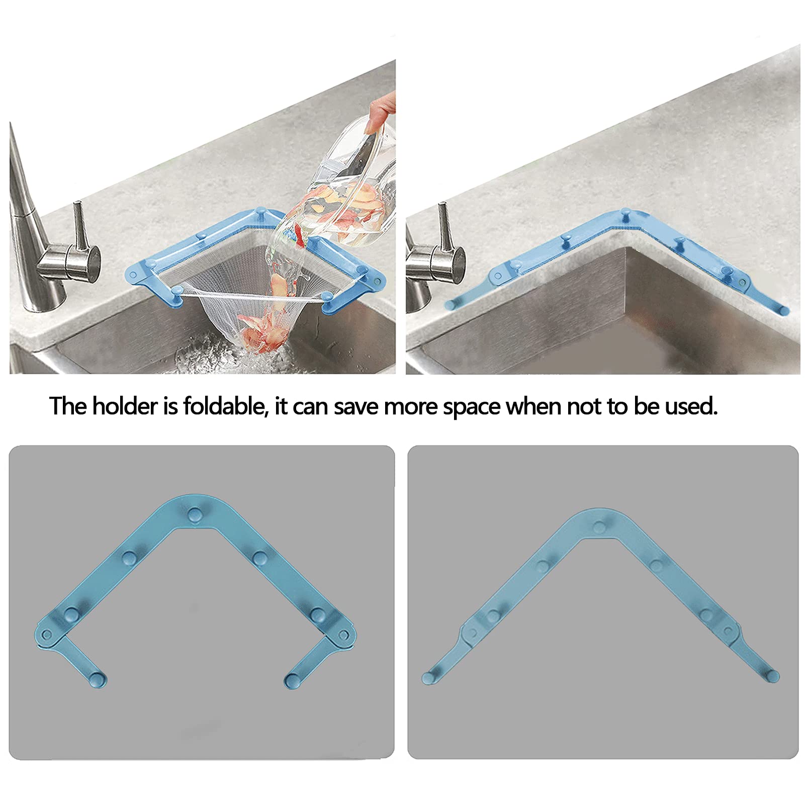 **Triangular Kitchen Sink Strainer with Foldable Blue Rack & 100PCS Large Mesh Filter Bags – Drain Filter for Food Scraps & Leftovers – Perfect for Home, Restaurant & RV Kitchens**