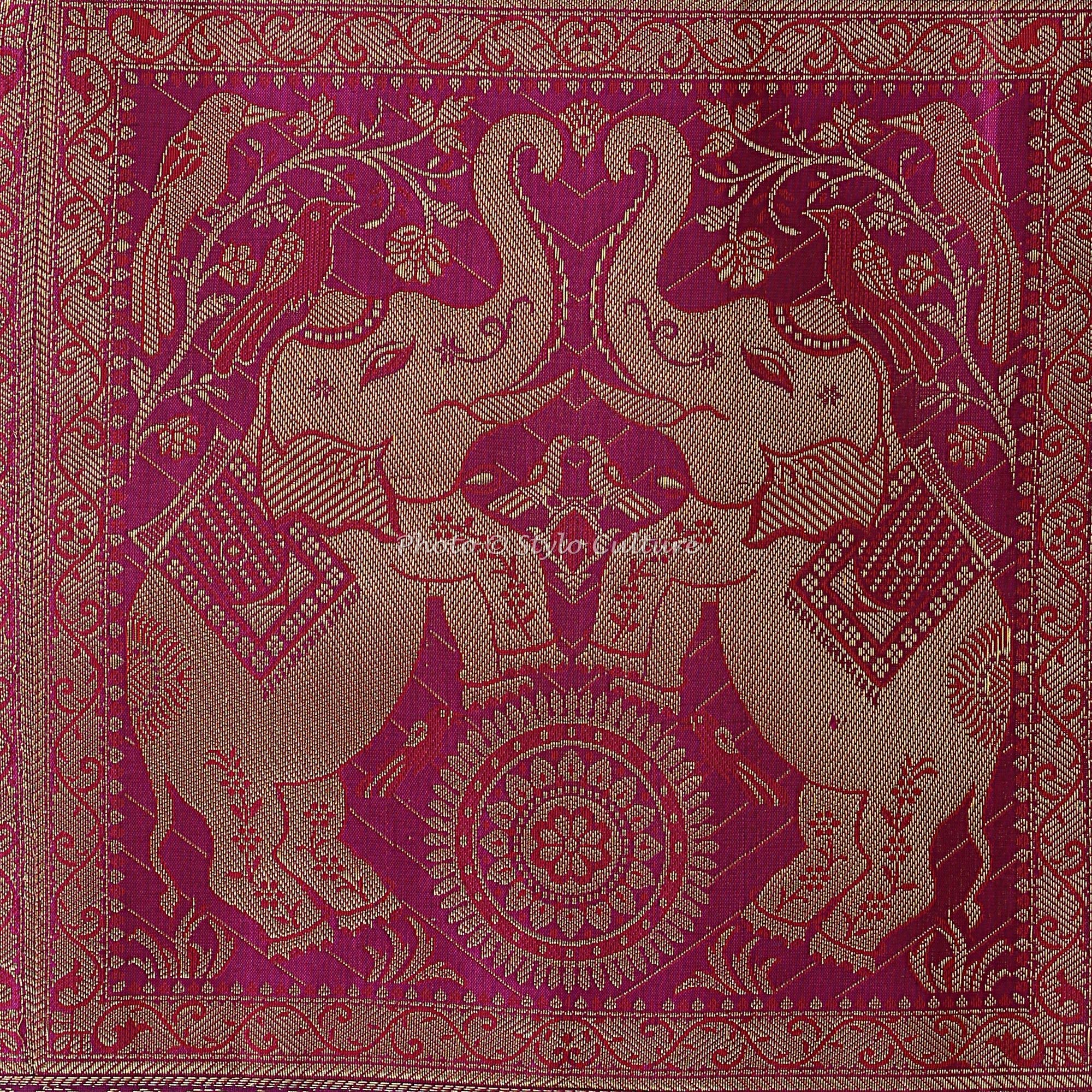 Bohemian Ethnic Brocade Jacquard Table Runner - 60x16 Inches (152x40 cm) Magenta Rectangular Dining Table Cloth with Elephant Floral Design | Perfect for Traditional Home Decor, Wedding Centerpieces & Festival Table Settings