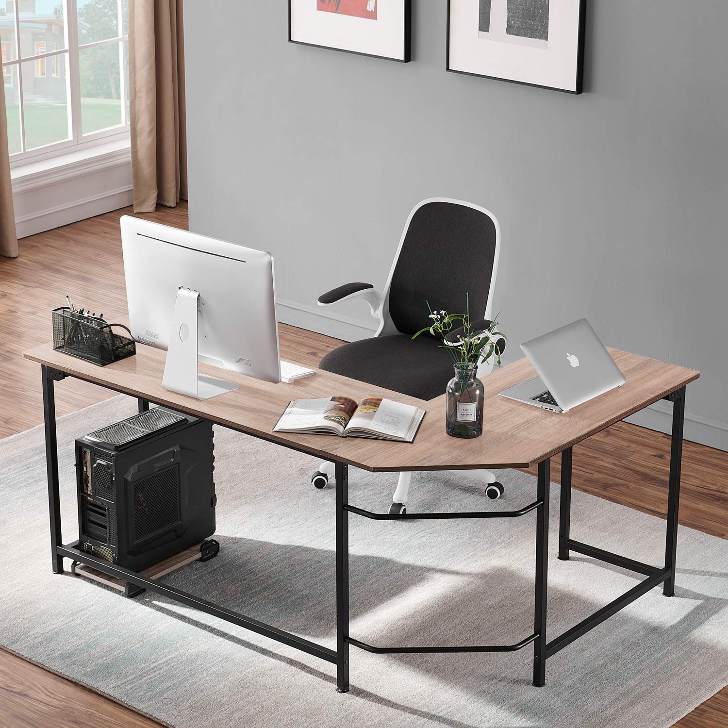 VECELO Modern L-Shaped Corner Computer Desk with CPU Stand - Home Office Workstation for PC & Laptop, Study Writing Table - Metal Frame with Rubber Wood Top & Black Legs - Perfect for Small Spaces & Gaming Setups
