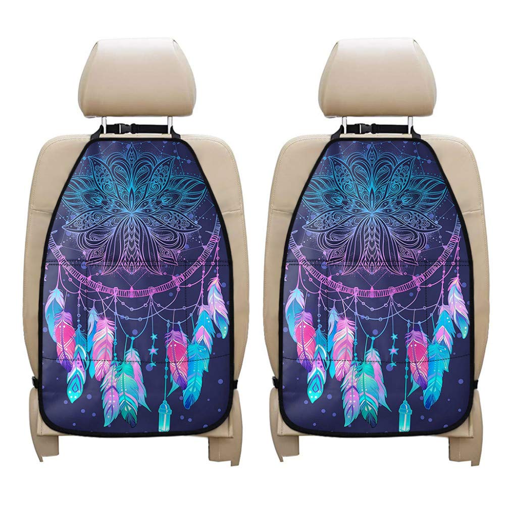 2 Pack Customized Kick Mats with Multi-Pocket Organizer - Universal Fit Car Seat Back Protector in Purple Dream Catcher Pattern - Perfect for Road Trips, Family Travel & Keeping Your Car Clean