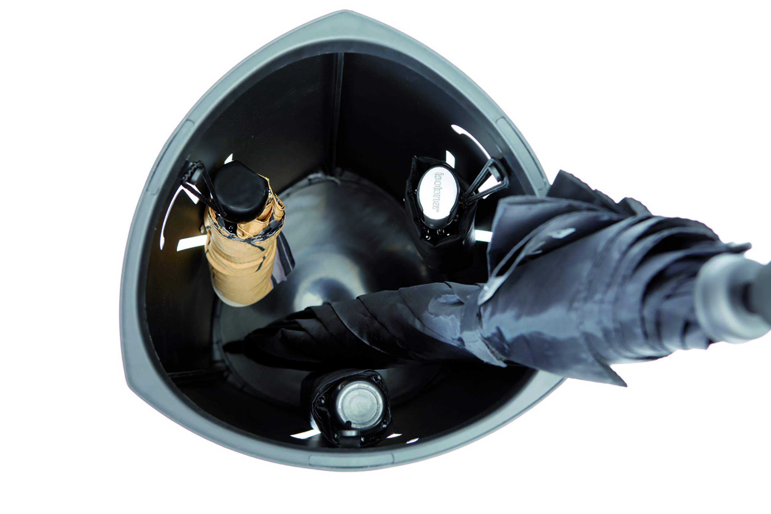 Triangular Umbrella Stand - Heavy Duty Metal & Plastic Umbrella Holder with Large Storage Capacity & Water Drip Tray - Matte Black Home & Garden Decor for Entryway, Patio, and Outdoor Use