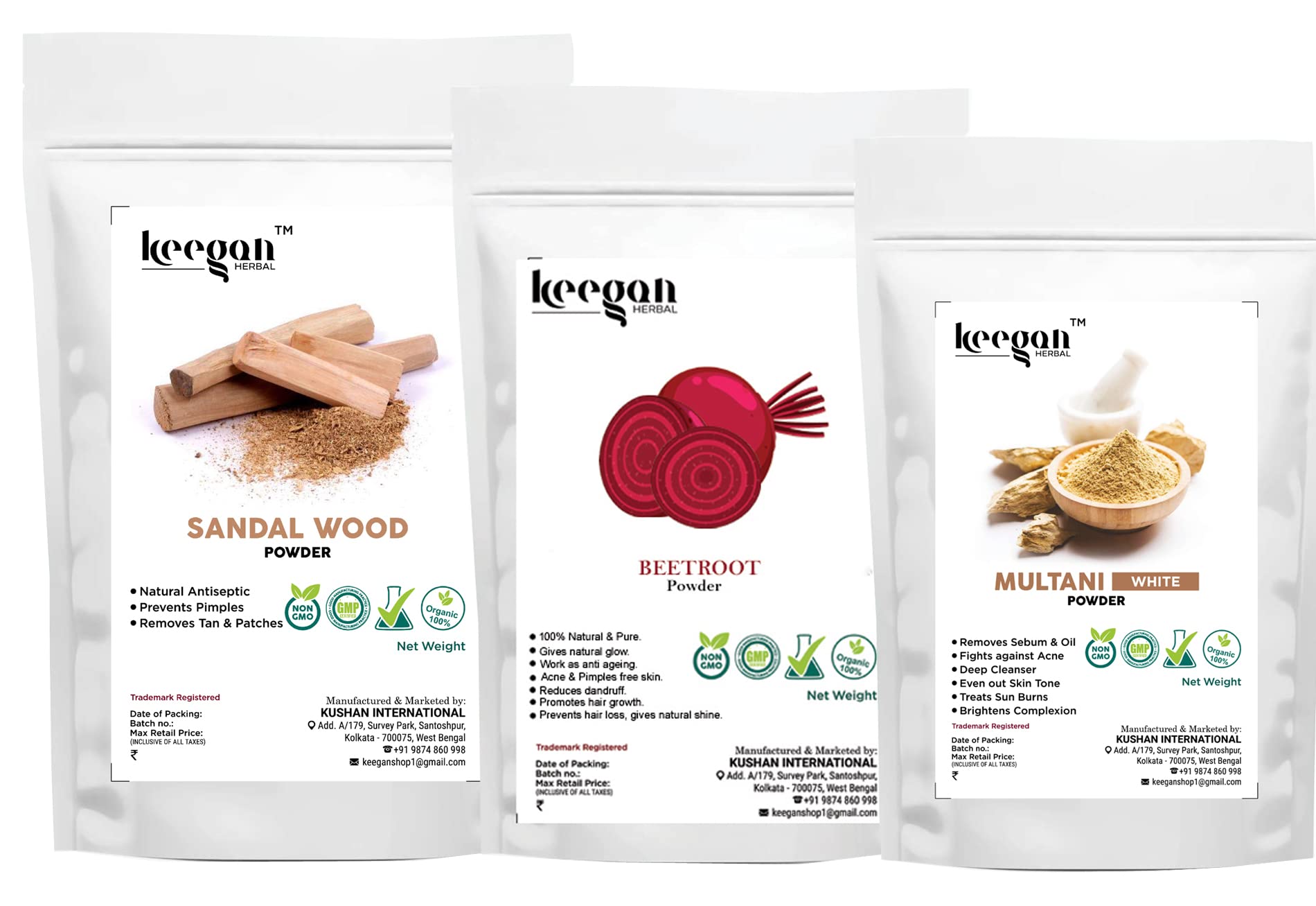 Keegan Multani Mitti Powder, Beetroot Powder, Sandalwood Powder - 100g x 3 Pack for Face Mask & Skin Care | Natural Clay Facial Treatment for Glowing Skin, Acne Control & Pore Cleansing | DIY Beauty Routine & Ayurvedic Skincare