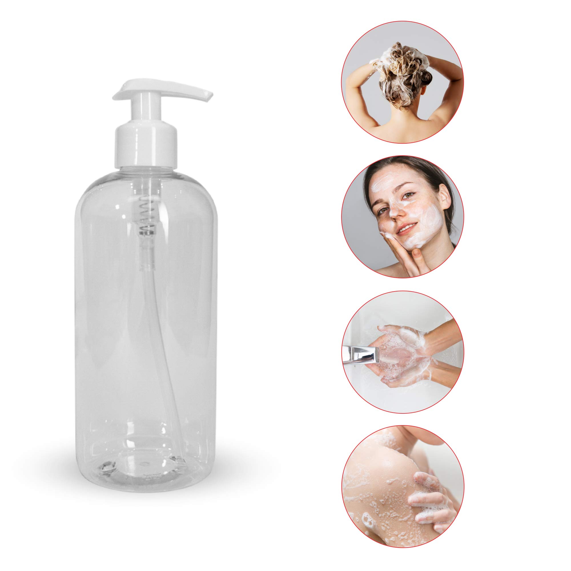 UHI Cosmetics 16 Oz Empty Boston Round Clear PET Bottle with Pump - Reusable Dispensing Bottle for Hand Sanitizer, Lotion, Shampoo, Conditioner, Cream & Soap (600 Case) | Perfect for Home, Salon & Travel Use