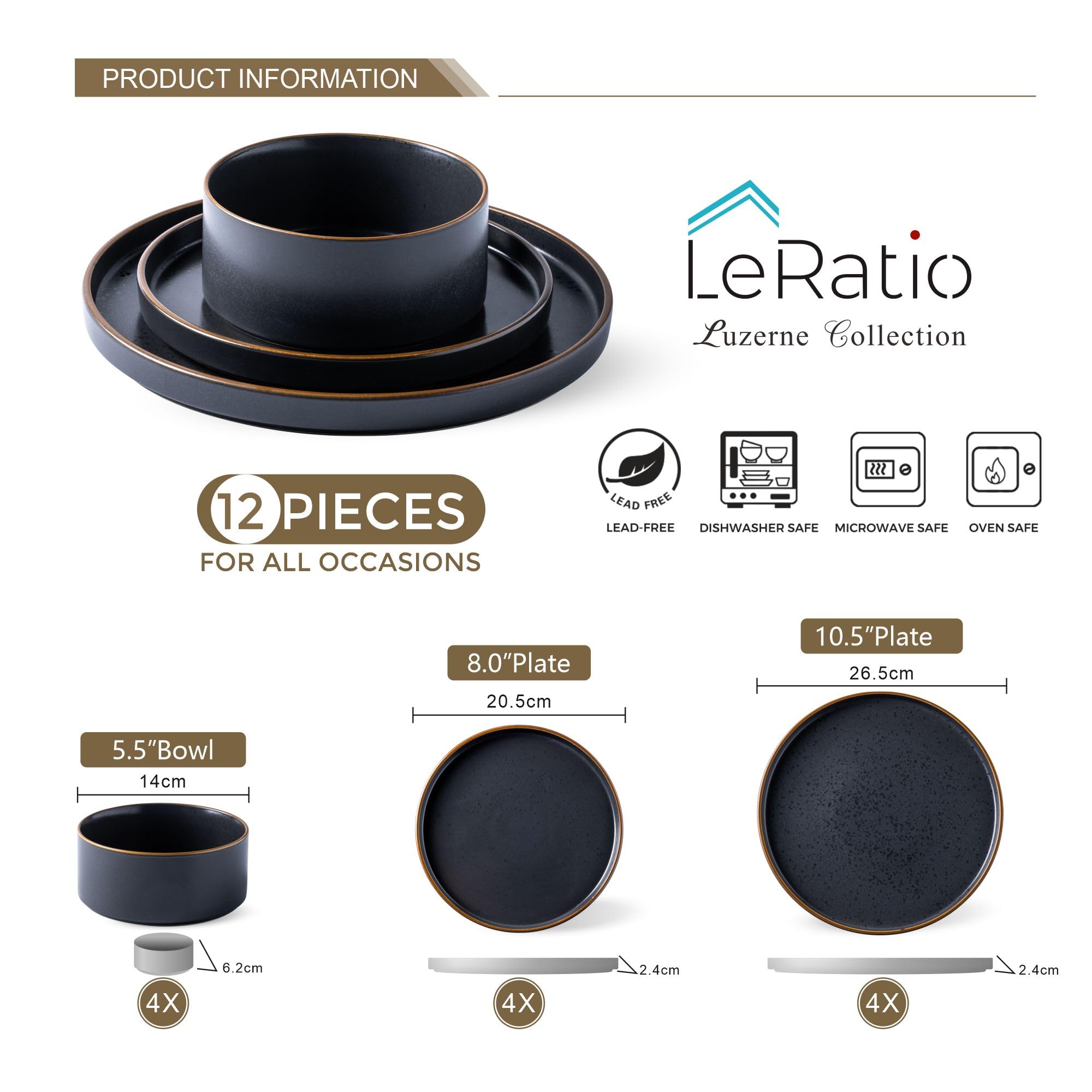LERATIO 4-Piece Matte Ceramic Dinnerware Set - Oven, Dishwasher & Microwave Safe for Daily Use