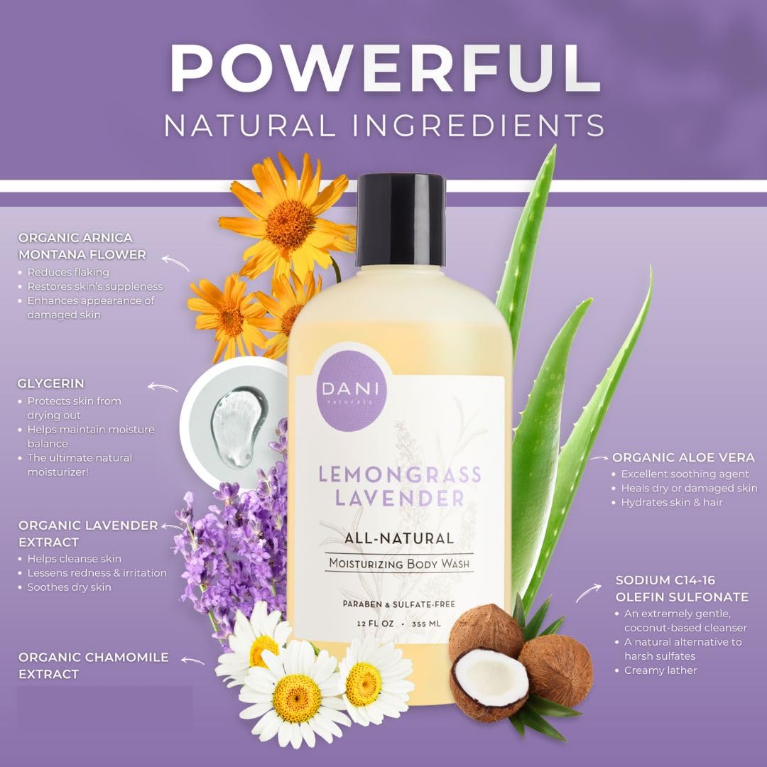 Naturals Moisturizing Body Wash - Calming Lemongrass Lavender Scent with Organic Aloe Vera & Natural Glycerin | Paraben & Sulfate Free Shower Gel | 12 Ounce Bottle | Hydrating & Relaxing for Dry Skin & Stress Relief