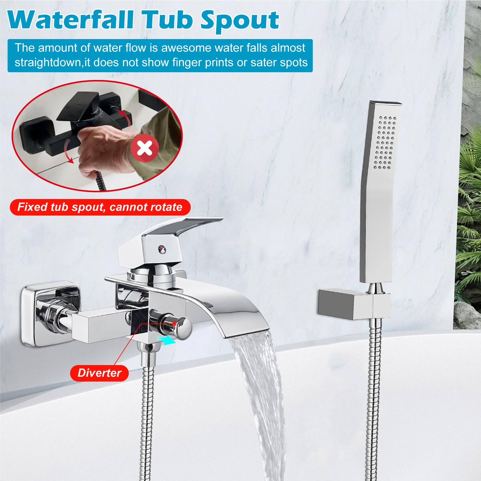 Midanya Wall Mount Bathtub Faucet with Handheld Shower - Waterfall Tub Filler Single Handle Bathroom Mixer Tap - Polish Chrome Finish - Perfect for Spa, Hotel & Luxury Home Bathrooms