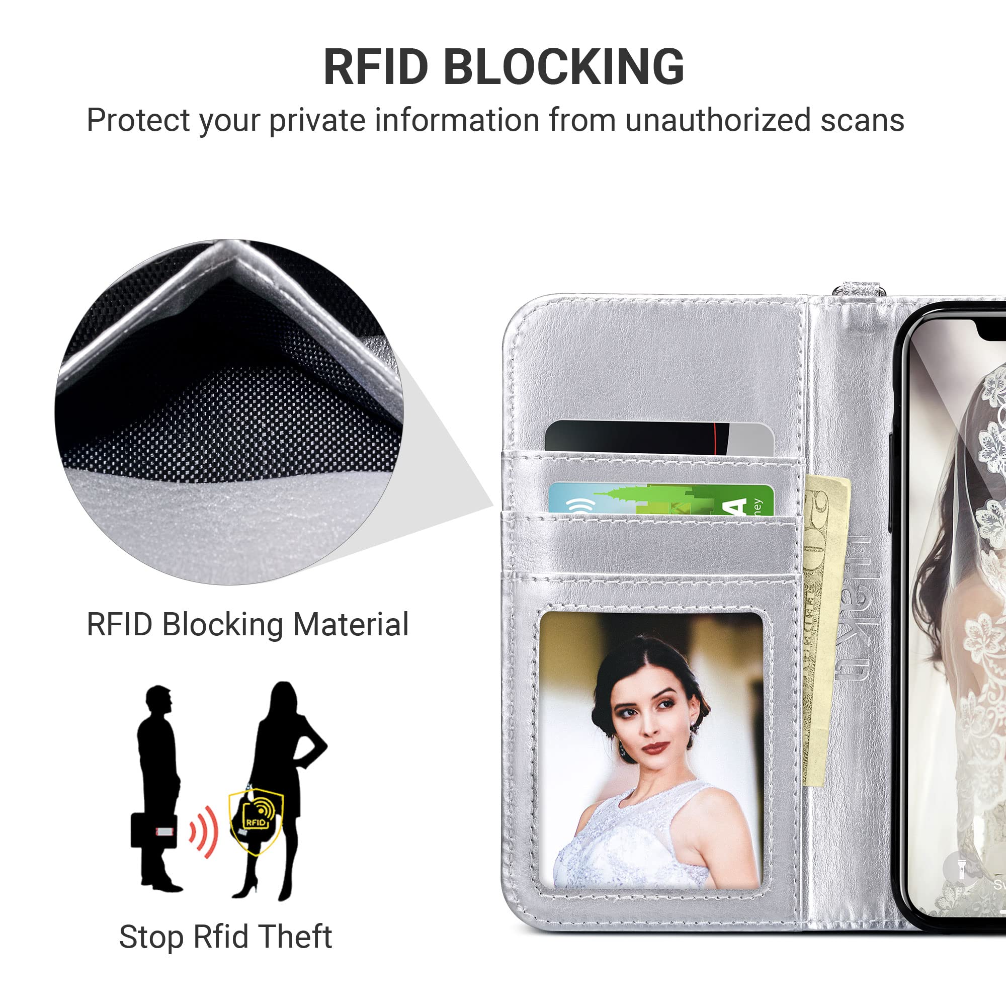 ULAK iPhone 11 Wallet Case for Women - PU Leather Flip Cover with Card Holder, Kickstand & Magnetic Closure | Protective TPU Interior Purse Case for iPhone 11 6.1 Inch (Silver) | Perfect for Daily Use, Travel & Hands-Free Viewing