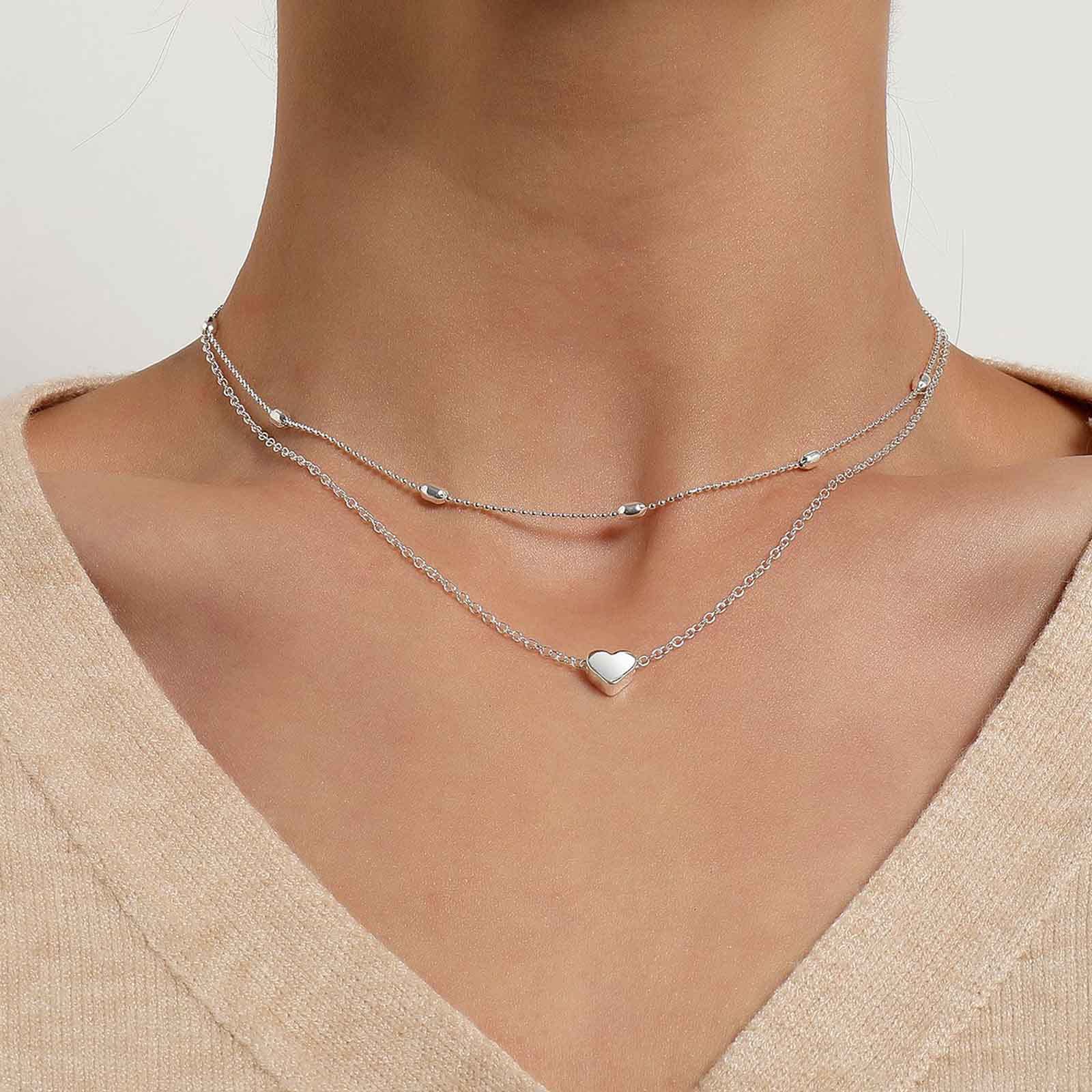 Boho Layered Heart Necklace for Women - Silver Satellite Choker with Love Heart Pendant & Ball Station Necklace - 2 Piece Set | Perfect for Valentine's Day Gifts, Anniversary Presents, and Boho Fashion Accessories