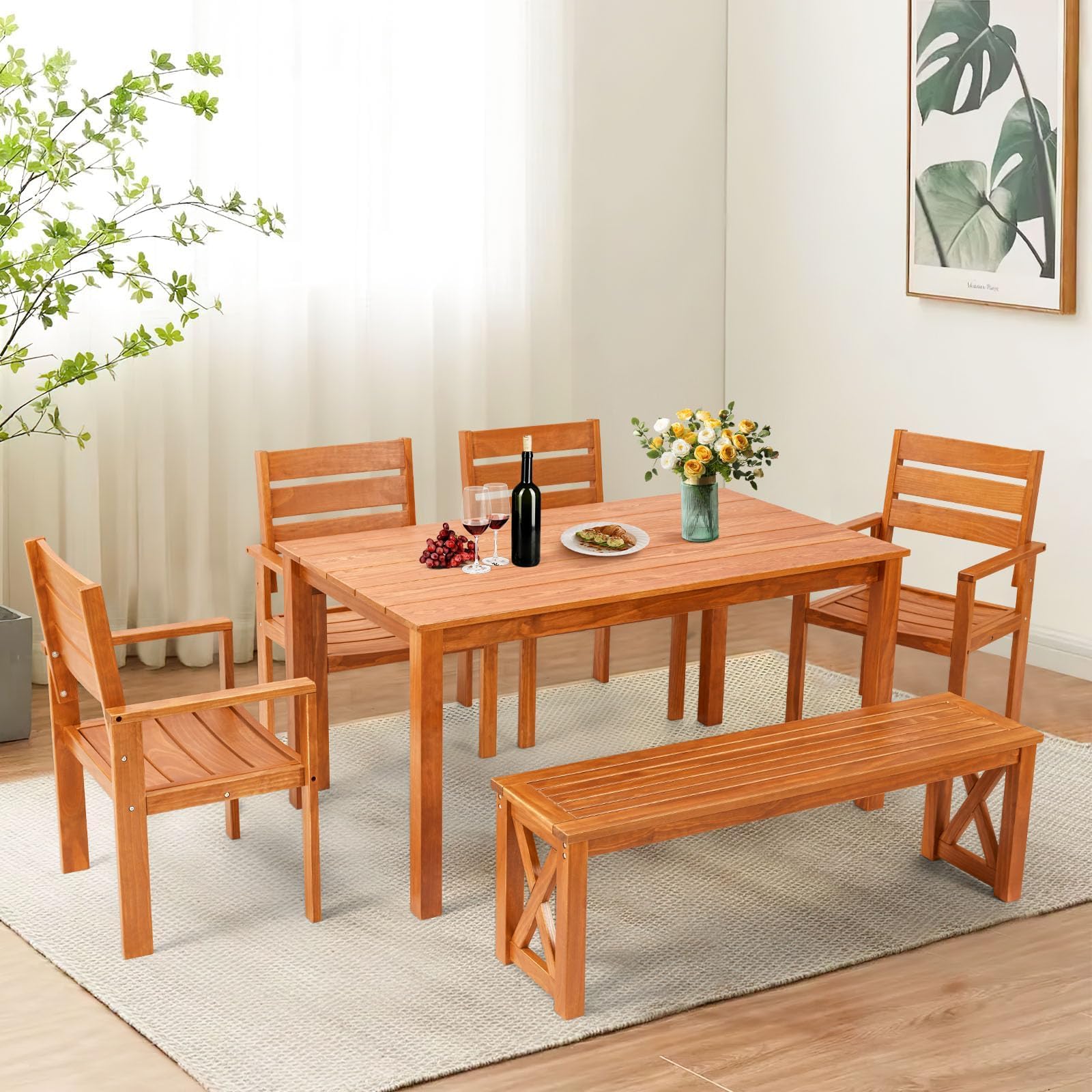 YOLENY 6-Piece Teak Solid Wood Patio Dining Set - Indoor & Outdoor Wooden Furniture for Backyard, Lawn, Garden - Perfect for Outdoor Entertaining & Relaxation