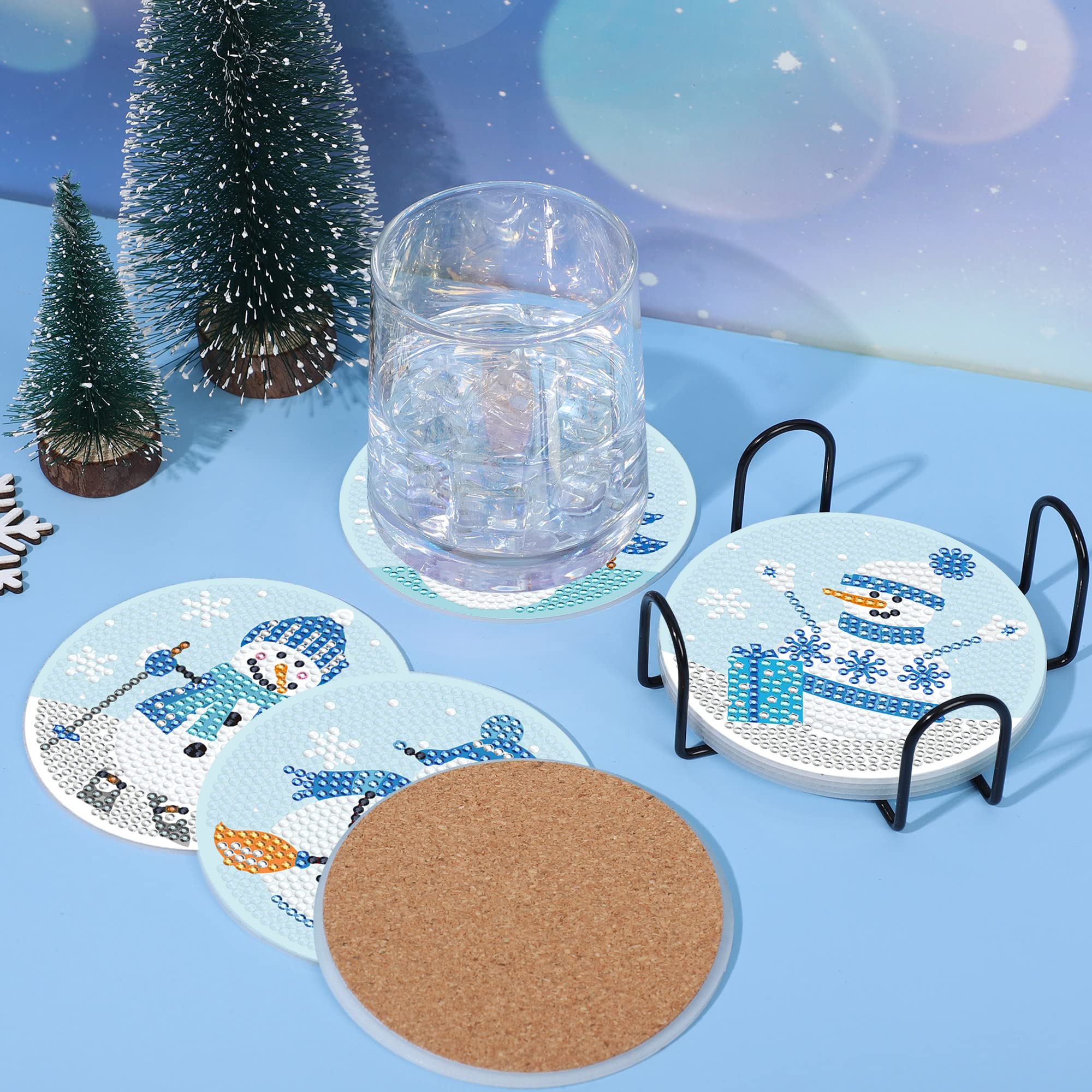 8 PCS Snowman Diamond Painting Coasters - 5D Diamond Art Winter Coasters with Cork Base & Holder - Christmas Party Decor, DIY Craft for Beginners & Adults - Perfect for Holiday Gifts, Home Decor & Table Setting