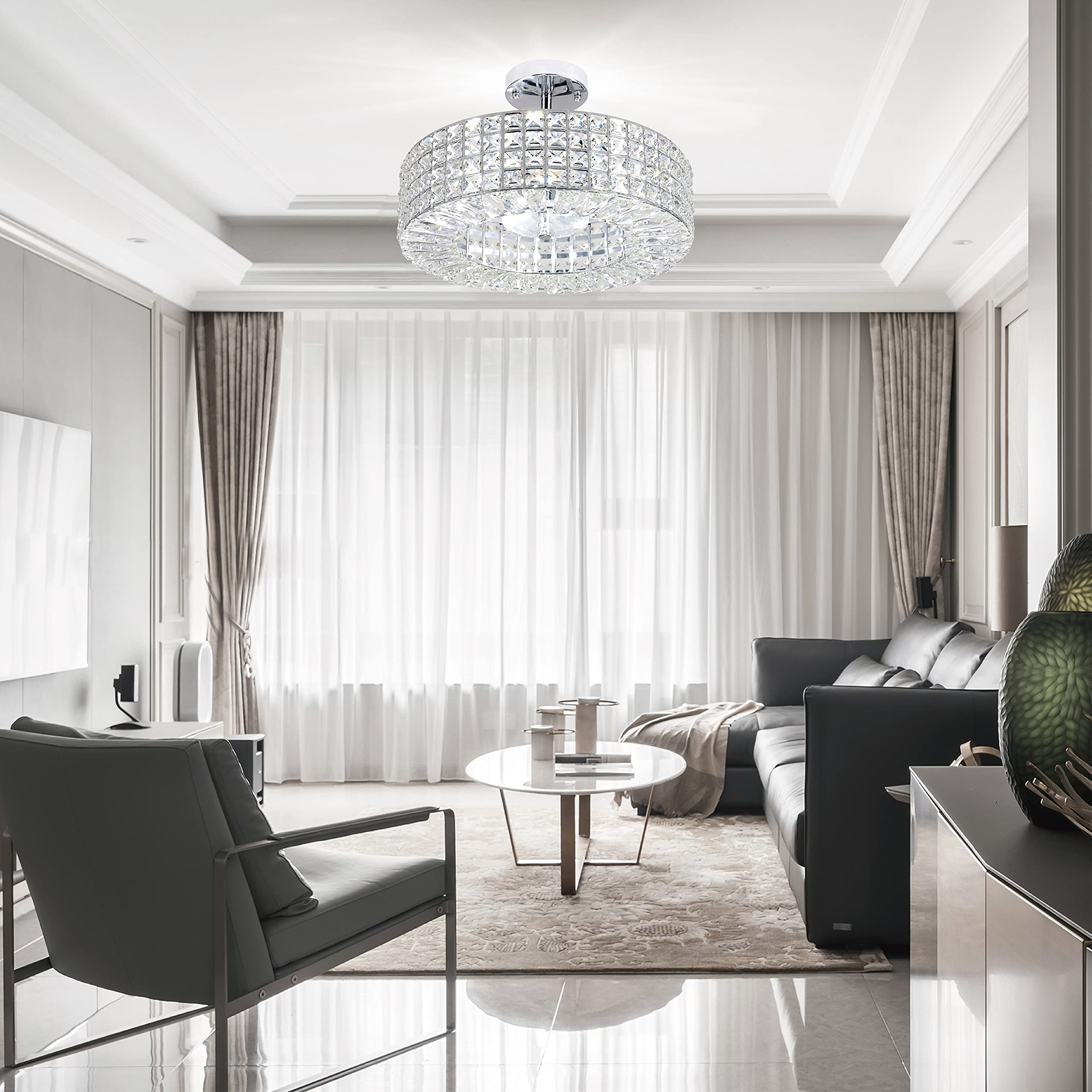 Modern Crystal Semi Flush Mount Ceiling Light Fixture - 5-Light Design with G9 Bulb for Hallway, Kitchen, Dining Room & Living Room - Elegant Home Lighting for Entryways and Open Concept Spaces