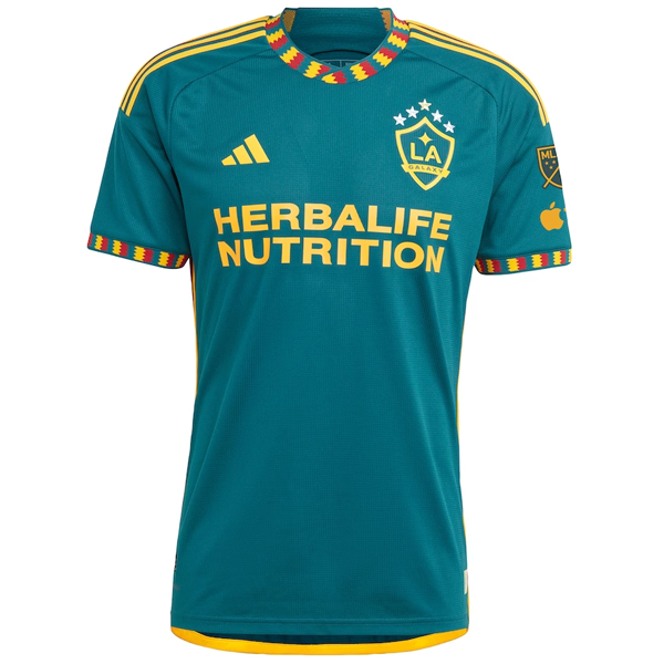 Adidas LA Galaxy Authentic Alvarez Away Soccer Jersey with MLS & Apple TV Patch 2023-2024 Season - Green & Yellow for Men's Football Games and Fan Collection