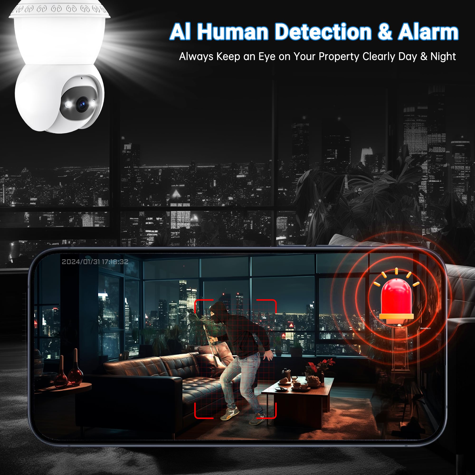 5G & 2.4G WiFi Wireless Outdoor Light Bulb Security Camera - 3MP HD 360° PTZ Smart Bulb Camera with AI Human Detection, Night Vision, 2-Way Audio & Cloud Storage - Perfect for Home Security, Garage Monitoring & Backyard Surveillance