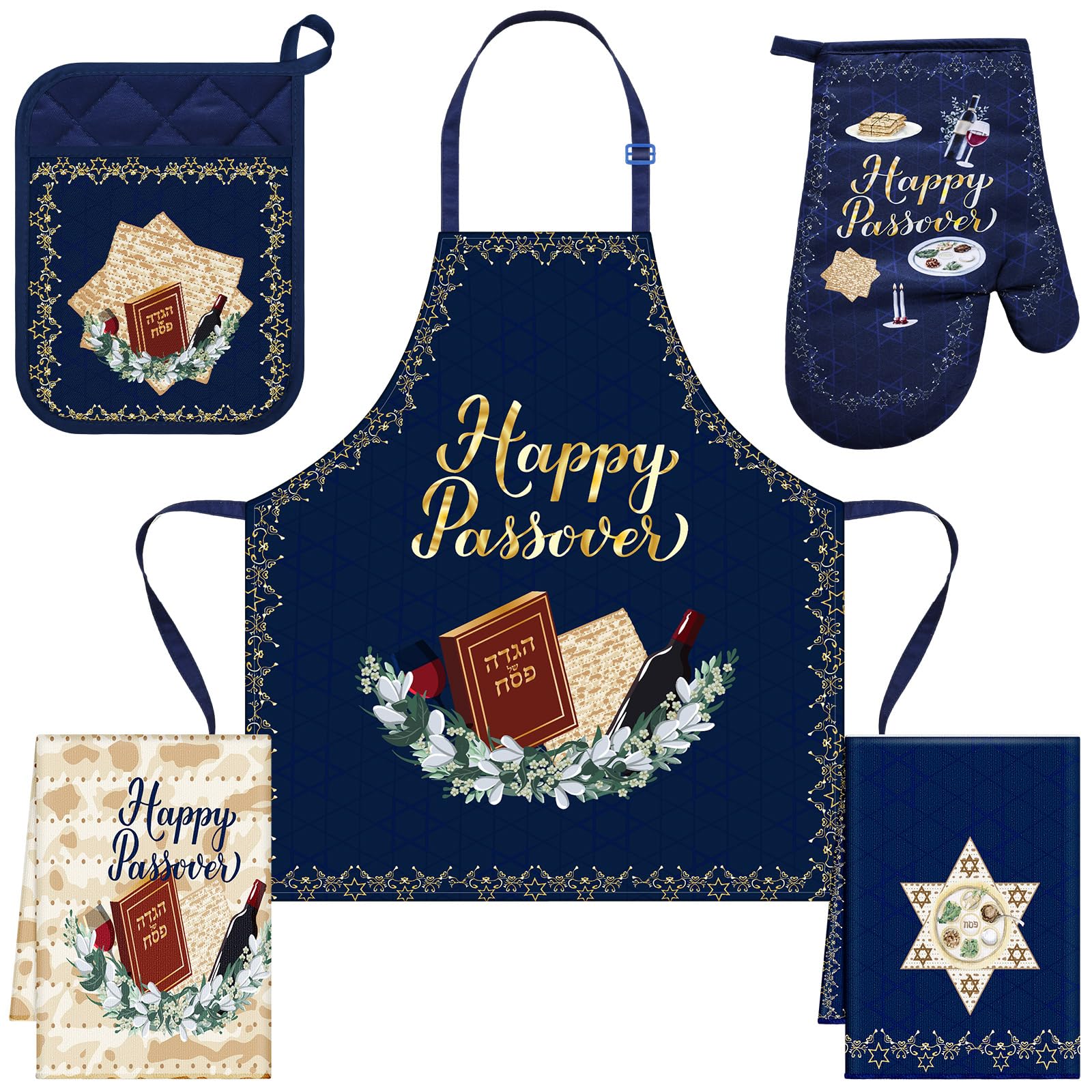 5-Piece Passover Kitchen Set - Apron, Pot Holder, Oven Mitts & Towels - Hostess Gift for Women & Men - Perfect for Passover Cooking, Baking & Holiday Entertaining
