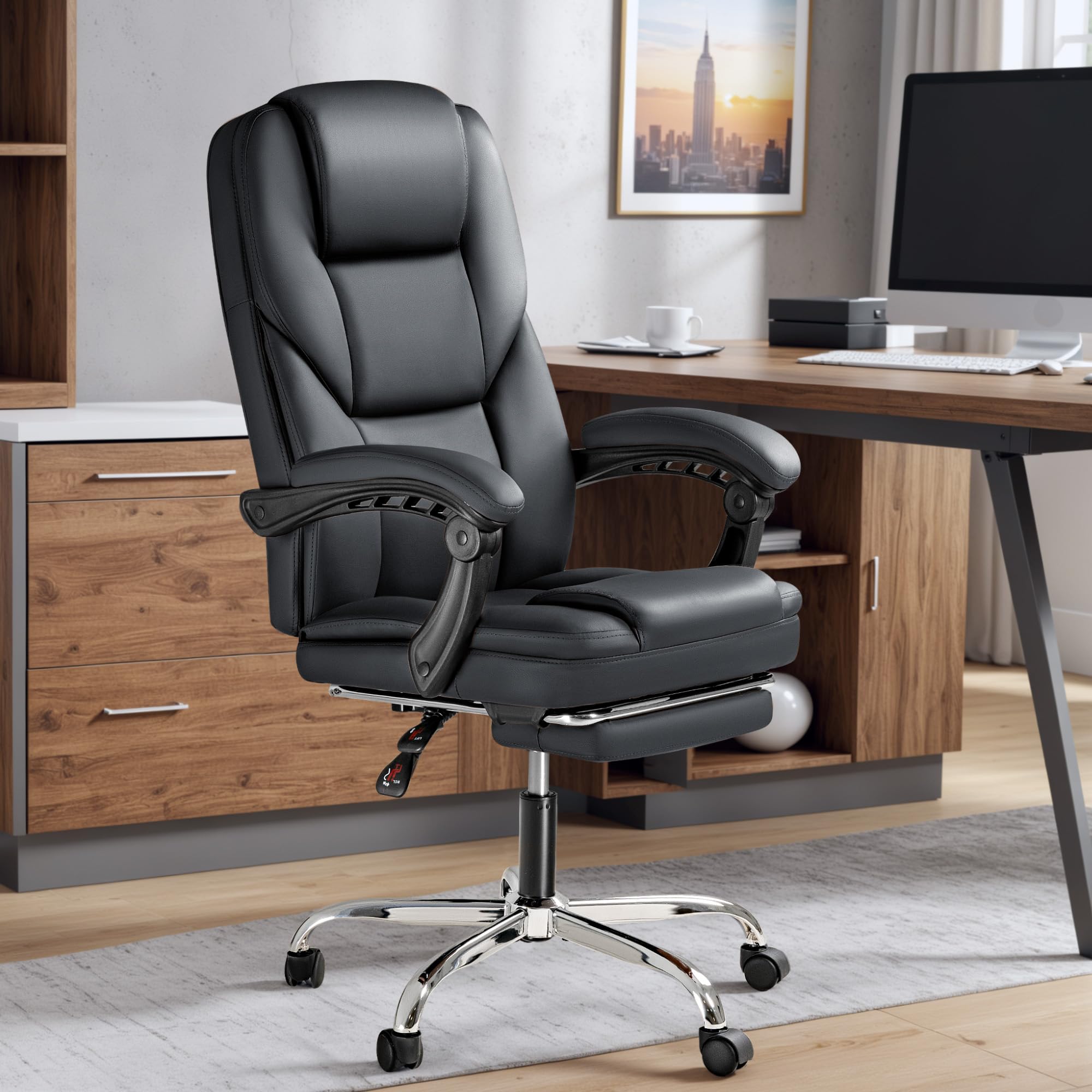 Furmax Ergonomic Executive Office Chair with Footrest - High Back Reclining Leather Desk Chair for Big & Tall - 400LBS Capacity, Lumbar Support - Perfect for Home Office & Gaming (Black)