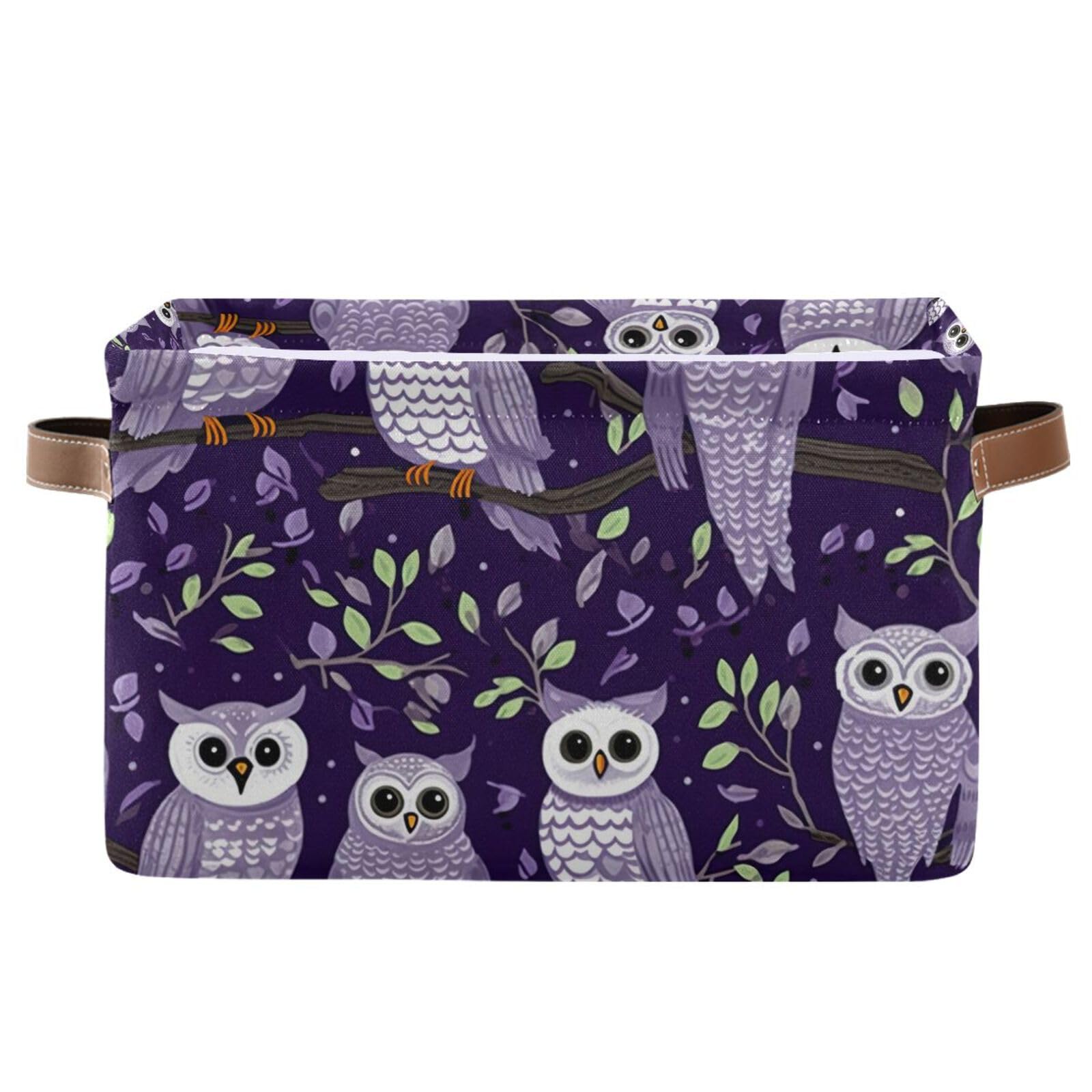 Foldable Canvas Storage Baskets with Handles - 2 Pack Rectangle Fabric Organizer Box for Home, Office & Closet - Perfect for Clothes, Toys & Home Decor Organization | Space-Saving Owl Design