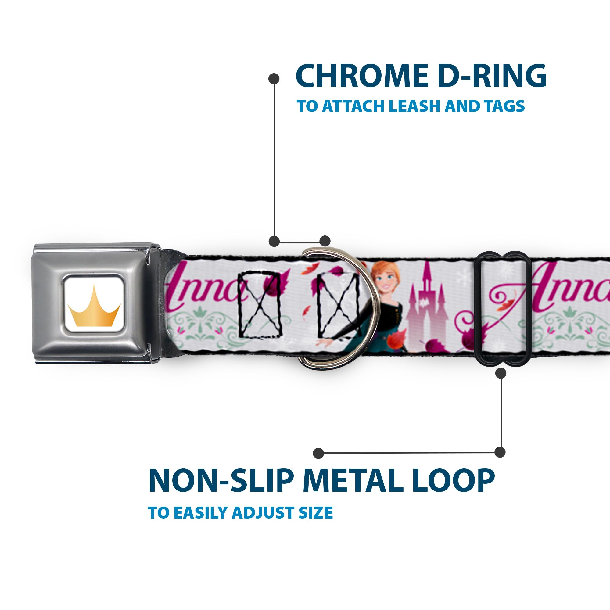 Frozen Anna Castle Dog Collar with Flowers & Script - 15 to 24 Inch Adjustable, 1.0 Inch Wide Pet Seatbelt Buckle (Grays & Pinks) - Perfect for Disney Costumes, Pet Safety & Themed Events