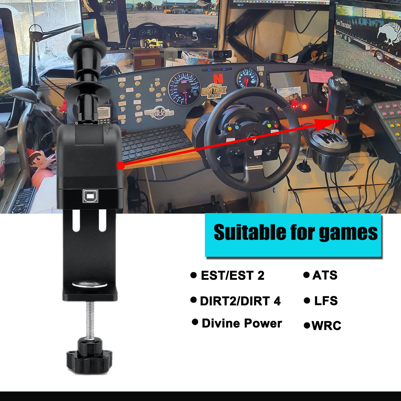 Obokidly USB Sim Racing Hand Brake - PC Truck Handbrake for ETS2 Euro Truck Simulator 2 | Compatible with Logitech G27/G29/G920/G923 & Thrustmaster T300RS/GT | Perfect for Drifting, Rally & Sim Racing Games | Durable Clamp Design for Realistic Driving Experience