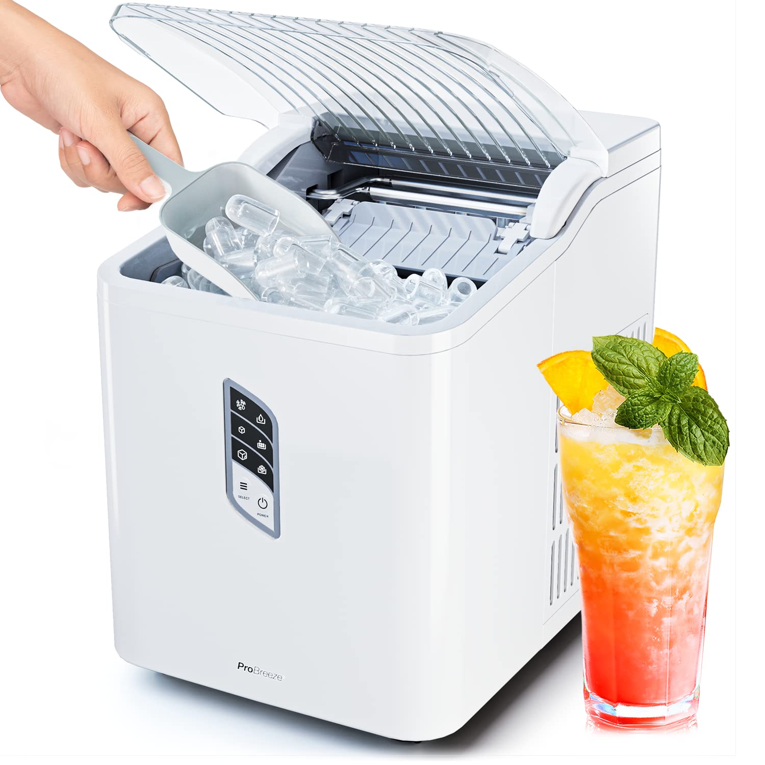 Pro Breeze Ice Maker Machine, 15kg/24H, Ready in 6-9 Minutes, 2 Ice Cube Sizes, 2L Water Tank with Ice Scoop, Large Transparent Lid - Perfect for Home Kitchen, Bar, Office & Outdoor Parties (White)