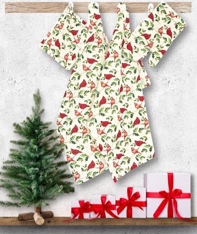 Christmas Winter Holiday Kitchen Towel & Pot Holder Set - Traditional Cardinal Bird & Holly Print Kitchen Gift Set - Perfect for Holiday Cooking, Baking & Festive Home Decor