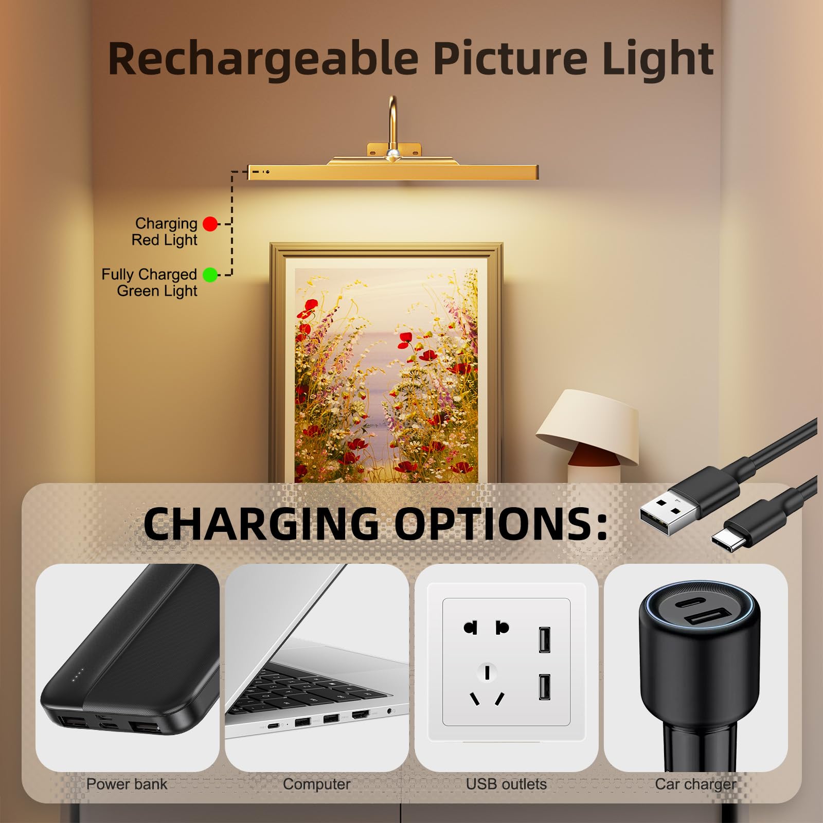 Brightown 16-Inch Battery Operated Picture Light for Paintings & Wall Art - 5000mAh Wireless Remote Control with Timer & Dimmable LED - Gold Finish - Perfect for Galleries, Museums, and Home Decor