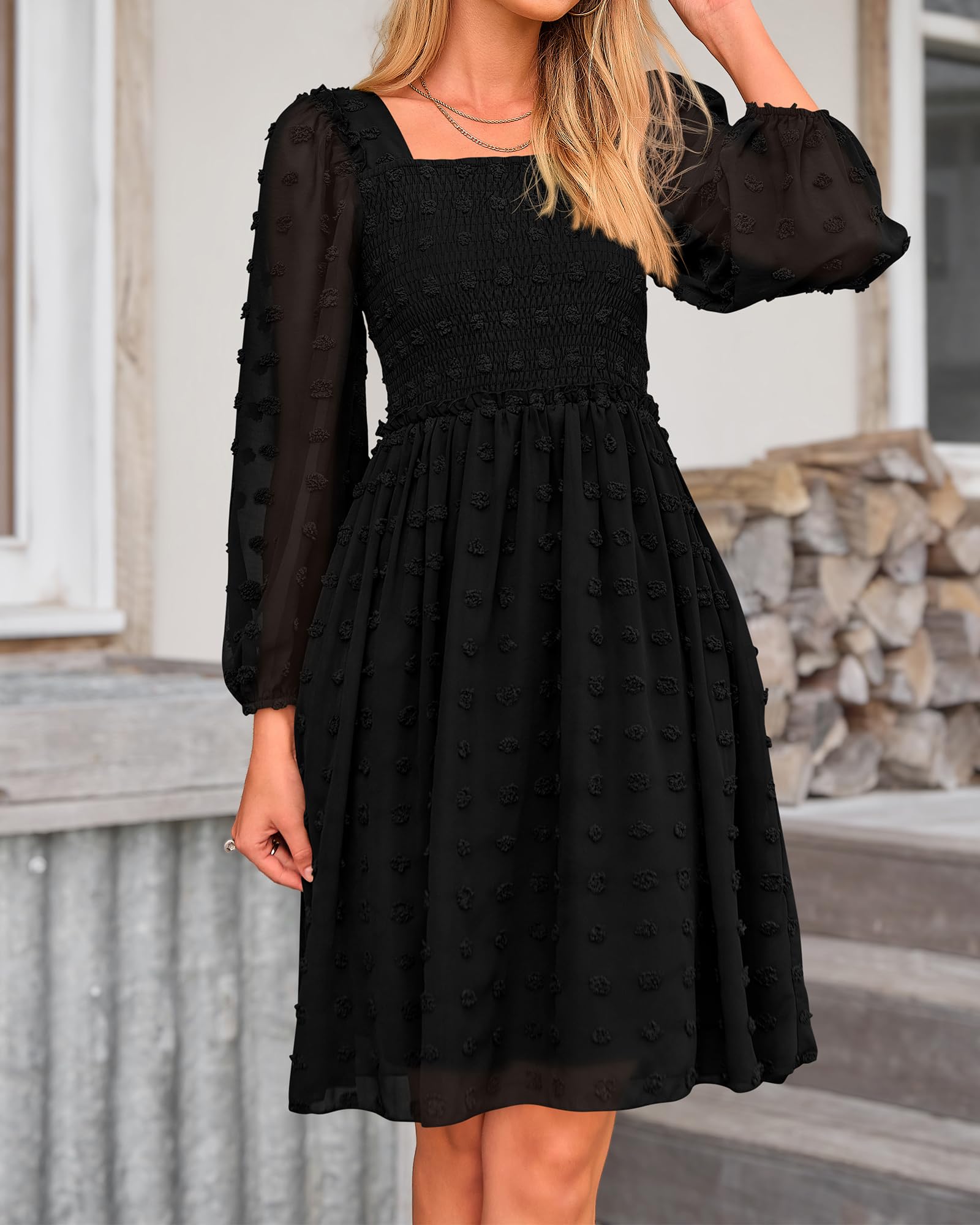 BTFBM Women's Floral Swiss Dot Smocked Mini Dress - Square Neck Long Sleeve Boho Dress for Wedding Guest, Spring & Summer 2025 | Perfect for Garden Parties, Bridal Showers & Date Nights