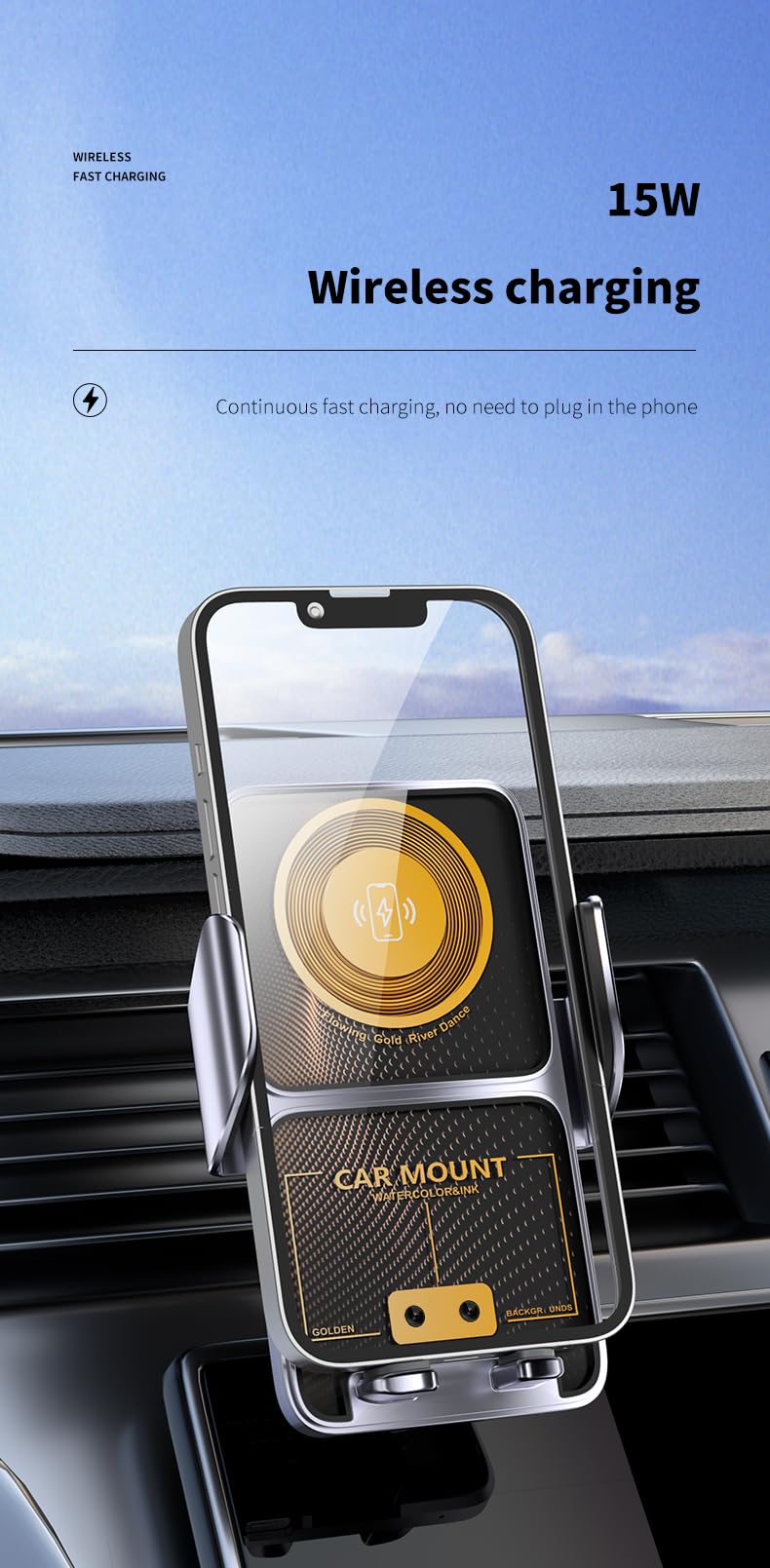 15W Qi Fast Wireless Car Charger with Auto Clamping - Compatible with iPhone 15/14/13/12, Samsung Galaxy S23/S22/S21 - Secure Phone Mount for Car Dashboard & Vent - Perfect for Road Trips & Daily Commutes