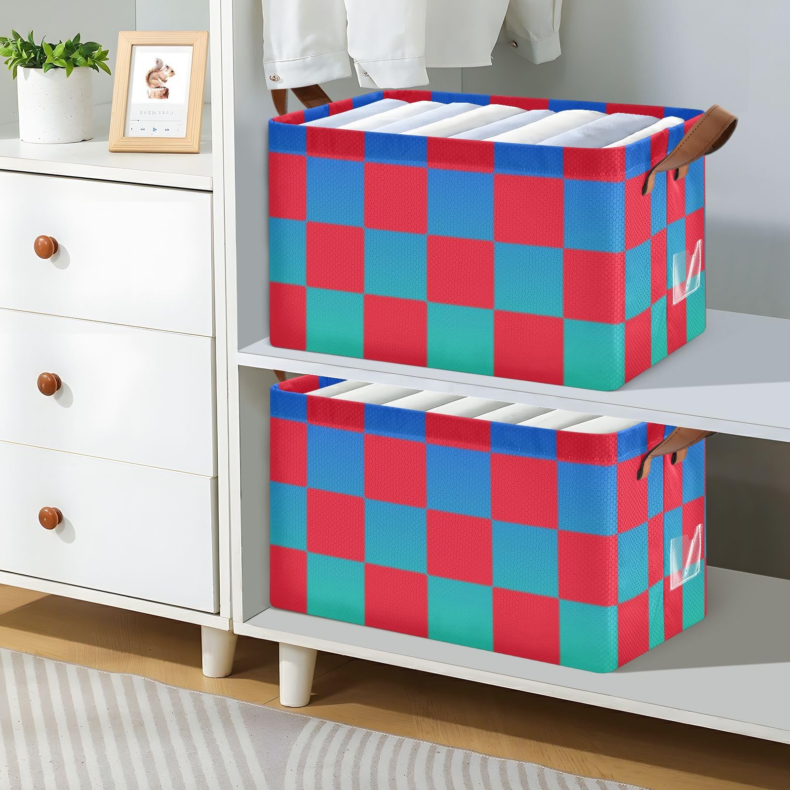 Buffalo Plaid Storage Baskets - Large Fabric Storage Bins with Handles (2 Pack) - Red, Blue & Green Checkered Pattern - Perfect for Closet Organization, Makeup Storage, Bookshelves & Living Room Decor