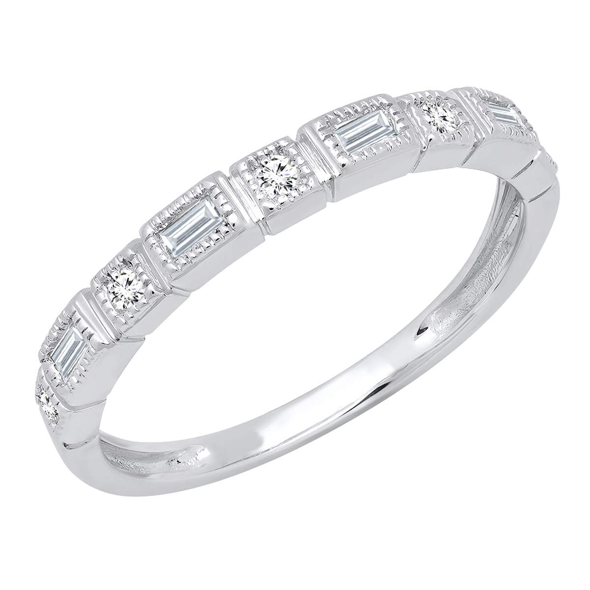 0.1ct 10K Solid White Gold Round & Baguette Diamond Wedding Band for Women - Anniversary, Engagement & Special Occasion Jewelry Gift