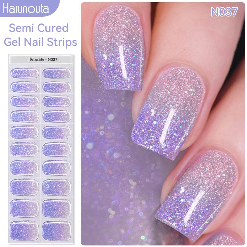 20 Tips Purple Shimmer Semi Cured Gel Nail Strips - Long Lasting DIY Nail Art Kit for Home & Salon Manicure | Perfect for Parties, Weddings & Special Occasions