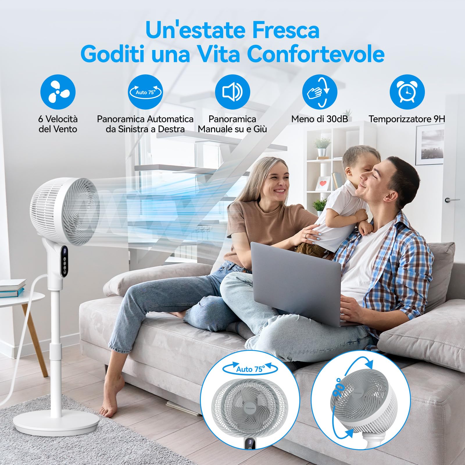 Timiyou Tower Fan with Remote Control, 6 Speed Settings, 90° Oscillation, 9-Hour Timer & Adjustable Height - Quiet Standing Air Circulator for Home, Bedroom, Office & Living Room Cooling