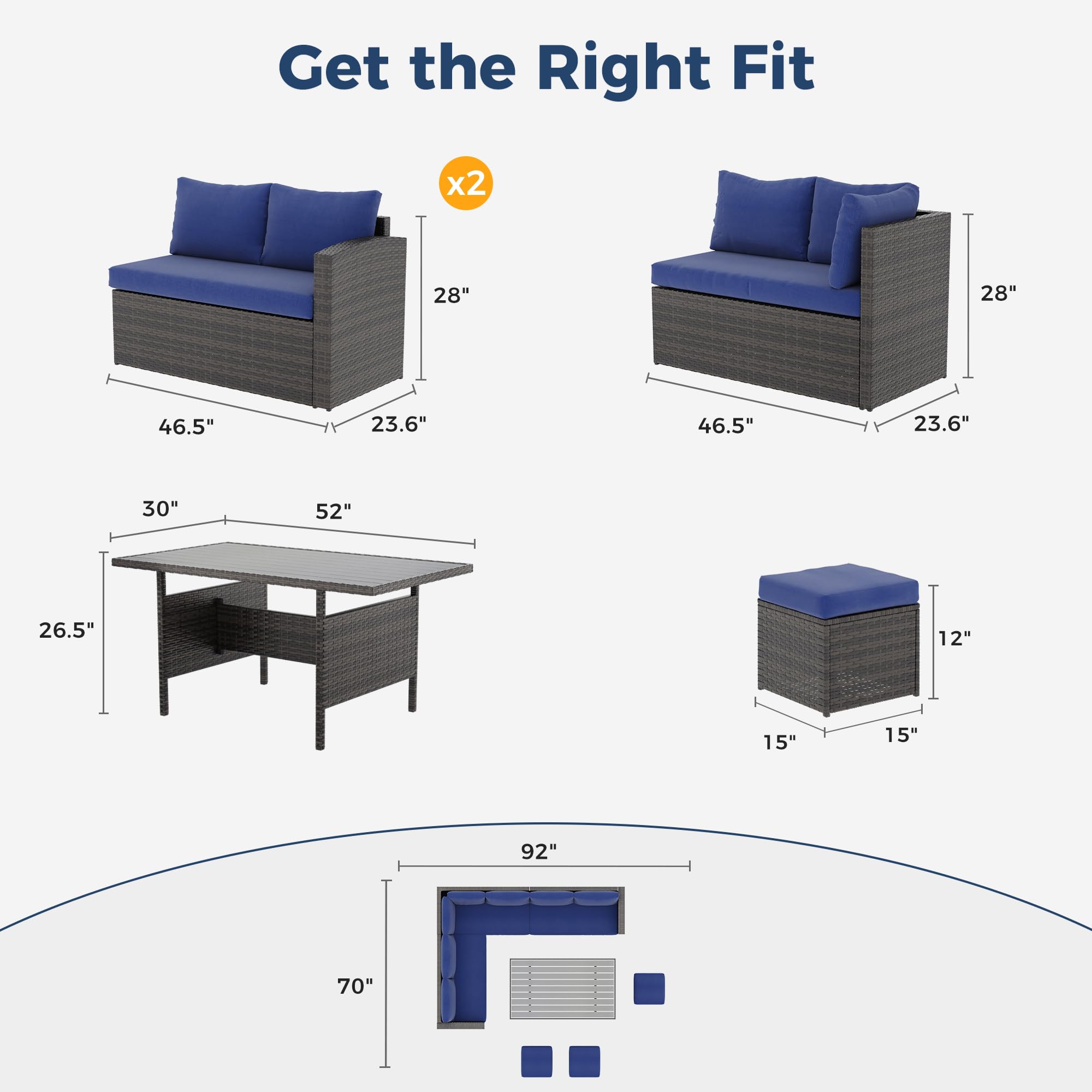 Solaste 7-Piece Outdoor Patio Furniture Set - All-Weather PE Rattan Sectional Sofa with Dining Table & Chairs - Blue - Perfect for Backyard, Garden, Poolside & Patio Relaxation