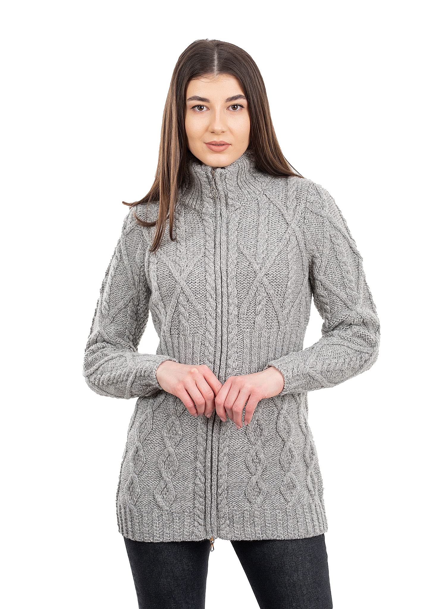 SAOL - 100% Merino Wool Women's Cable Knit Cardigan Full Zip Sweater | Warm Winter Coat for Women | Perfect for Outdoor Activities, Office Wear & Casual Outfits