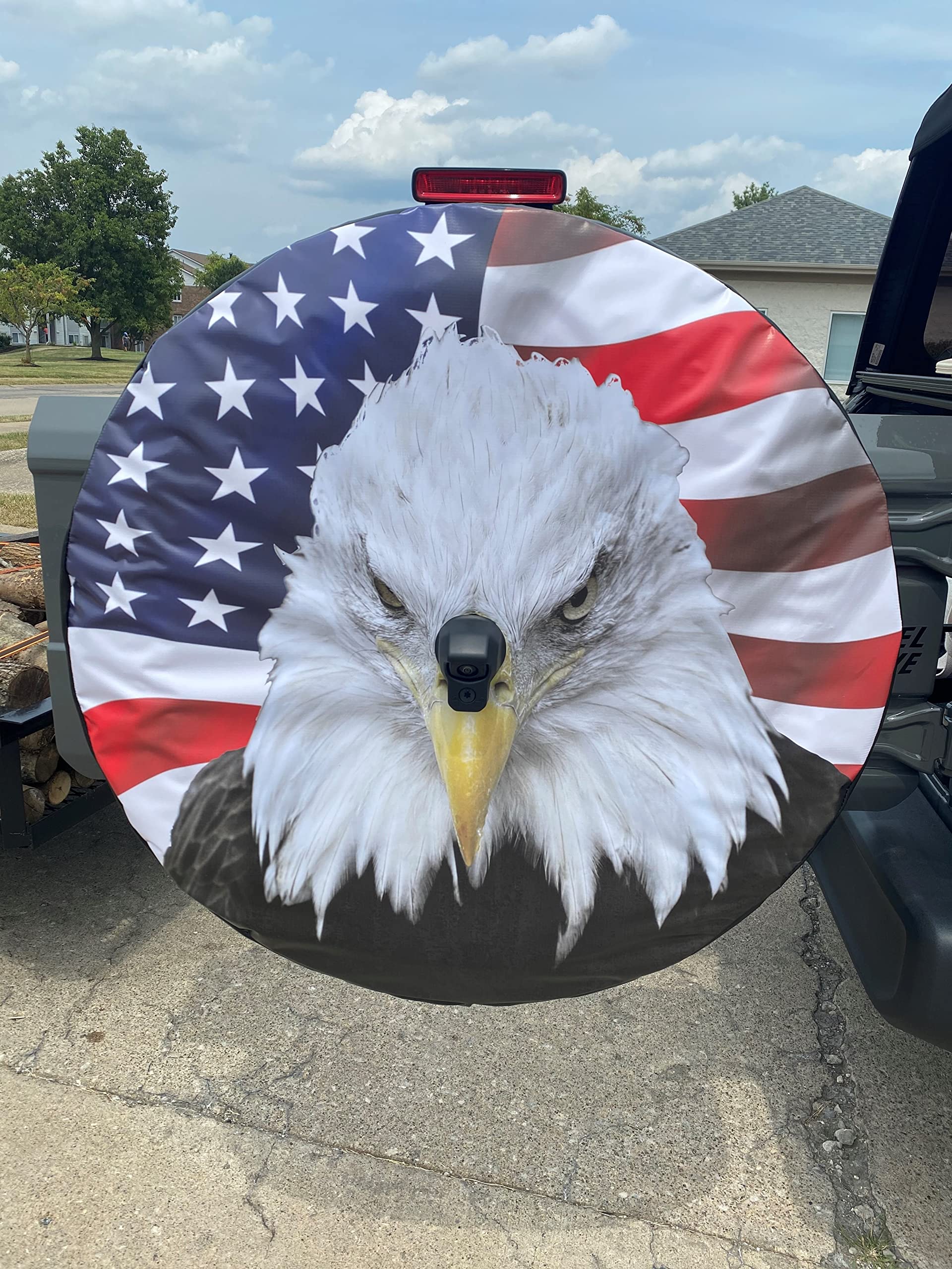 American Flag Spare Tire Cover with Eagle Head Design - Fits RV, Camper & All Spare Tire Sizes (See Drop Down Menu) | Durable Waterproof Wheel Protector for Outdoor Adventures & Road Trips
