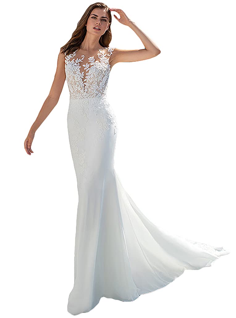 Elegant Mermaid Wedding Dress for Women - Chiffon Appliques Illusion Beach Bridal Gown | Perfect for Beach Weddings, Vow Renewals & Romantic Photoshoots