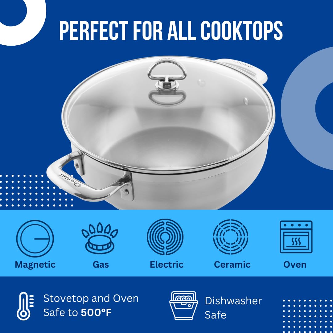 Chantal Induction 21 Stainless Steel 5-Quart Chef's Pan with Tempered Glass Lid - Brushed Stainless Steel Cookware for Professional & Home Kitchens - Perfect for Sautéing, Braising & Slow Cooking