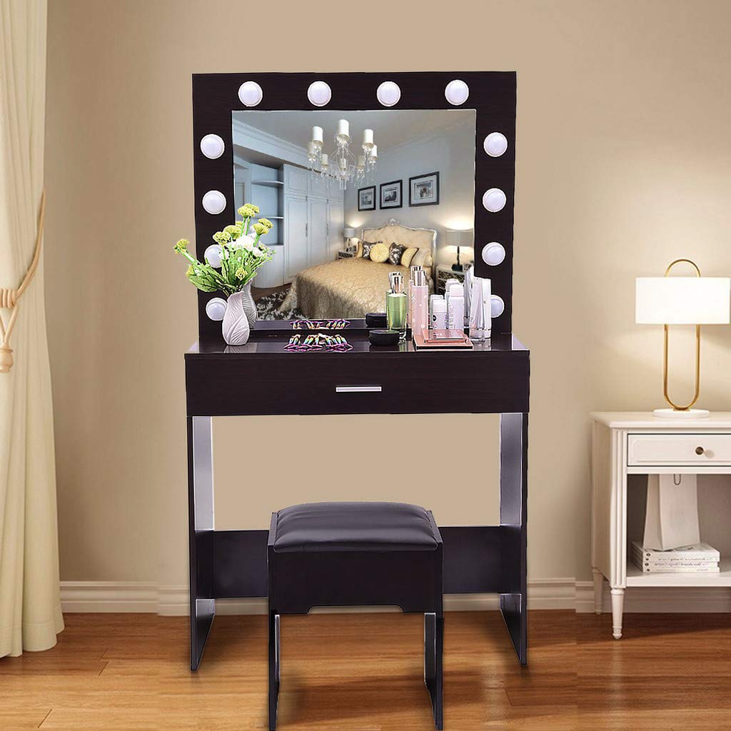 Lighted Makeup Vanity Set with Mirror & Drawers - Walnut Dressing Table for Bedroom, Perfect Gift for Women