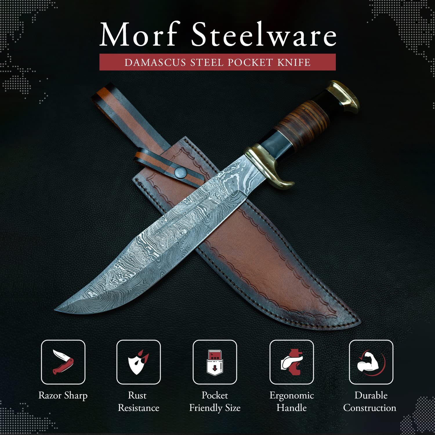 Morf Steelware Bowie Survival Hunting Knife - Damascus Steel Fixed Blade with Sheath | Handcrafted Collector's Knife for Outdoor Enthusiasts | Perfect for Camping, Hunting, Bushcraft & Survival Situations
